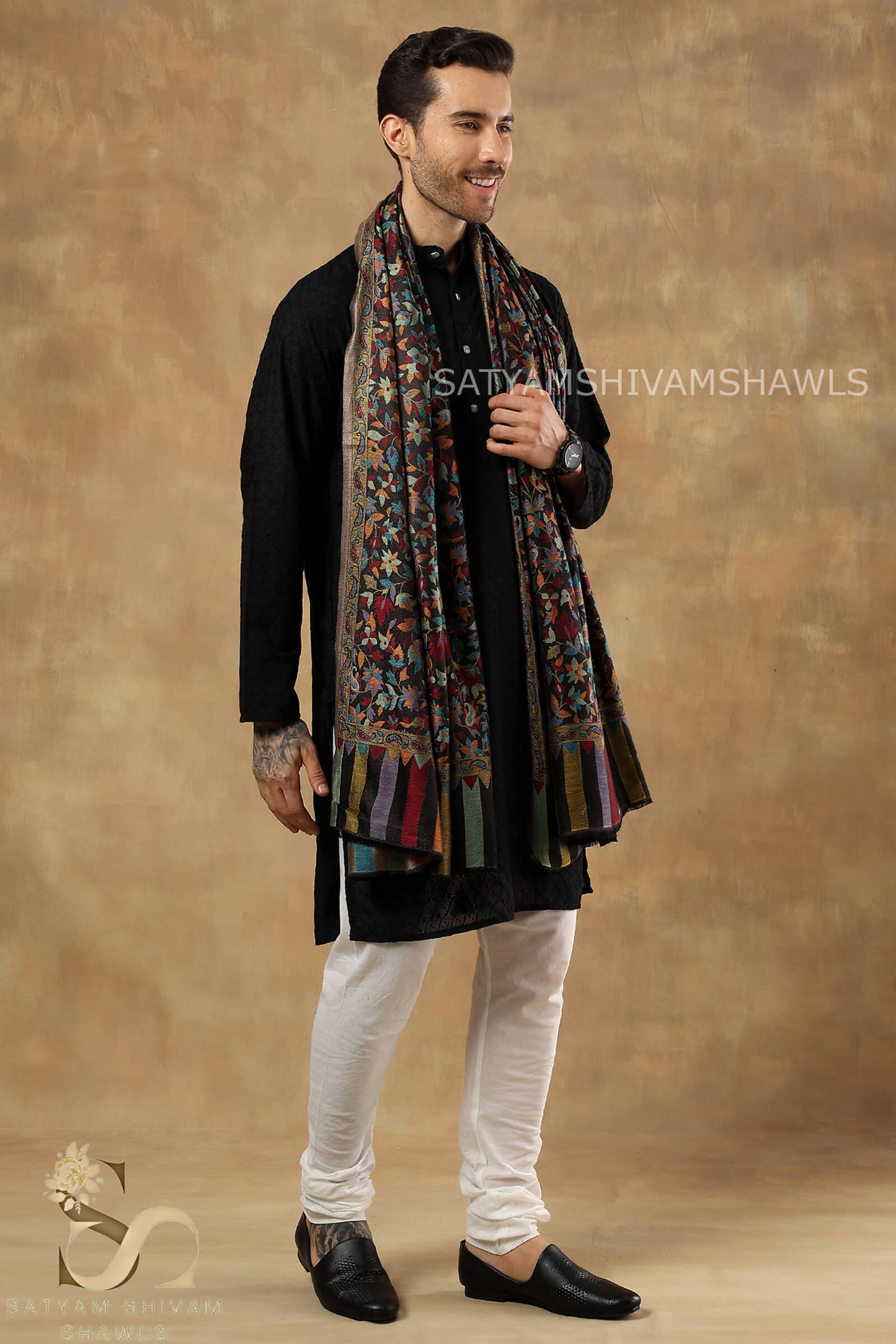 NAAQSH-E-KANI JAMAWAR SILK PASHMINA MENS SHAWLS,BLACK