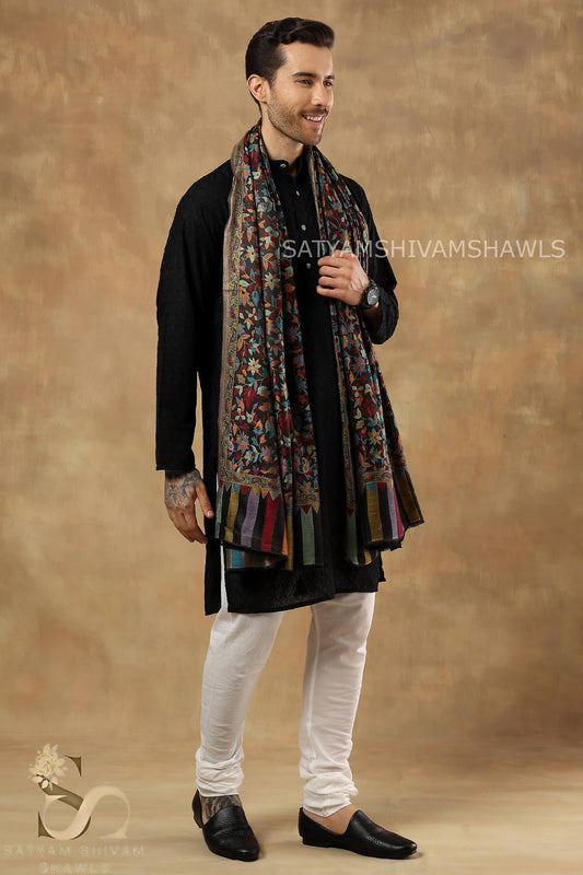 NAAQSH-E-KANI JAMAWAR SILK PASHMINA MENS SHAWLS,BLACK