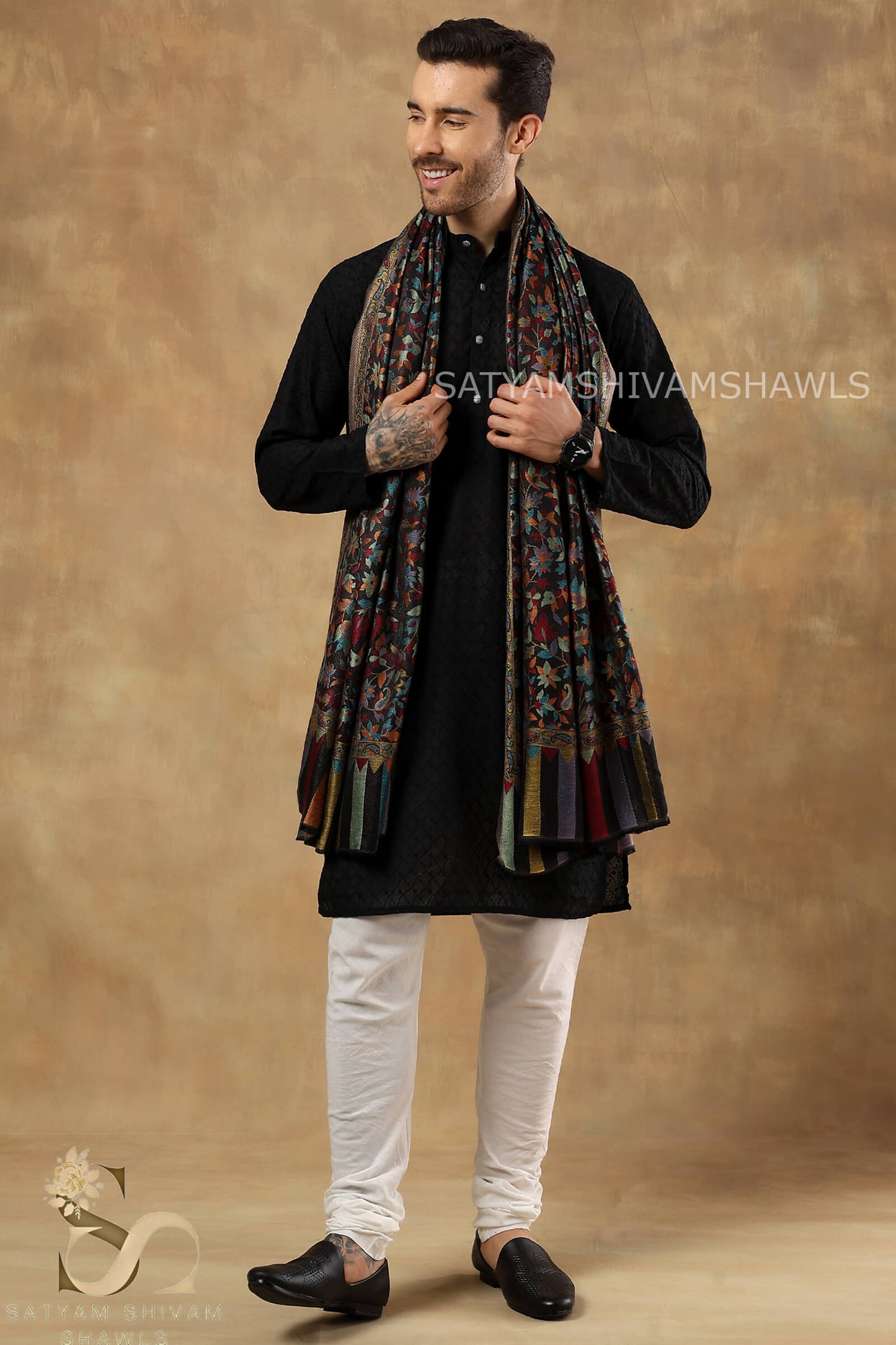 NAAQSH-E-KANI JAMAWAR SILK PASHMINA MENS SHAWLS,BLACK