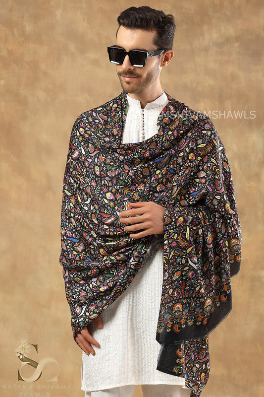 KALAMKARI KANI LEAF PRINT DESIGN MENS SHAWL SILK WOOL,BLACK
