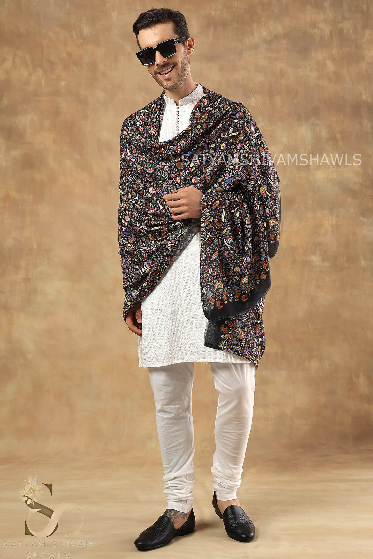 KALAMKARI KANI LEAF PRINT DESIGN MENS SHAWL SILK WOOL,BLACK