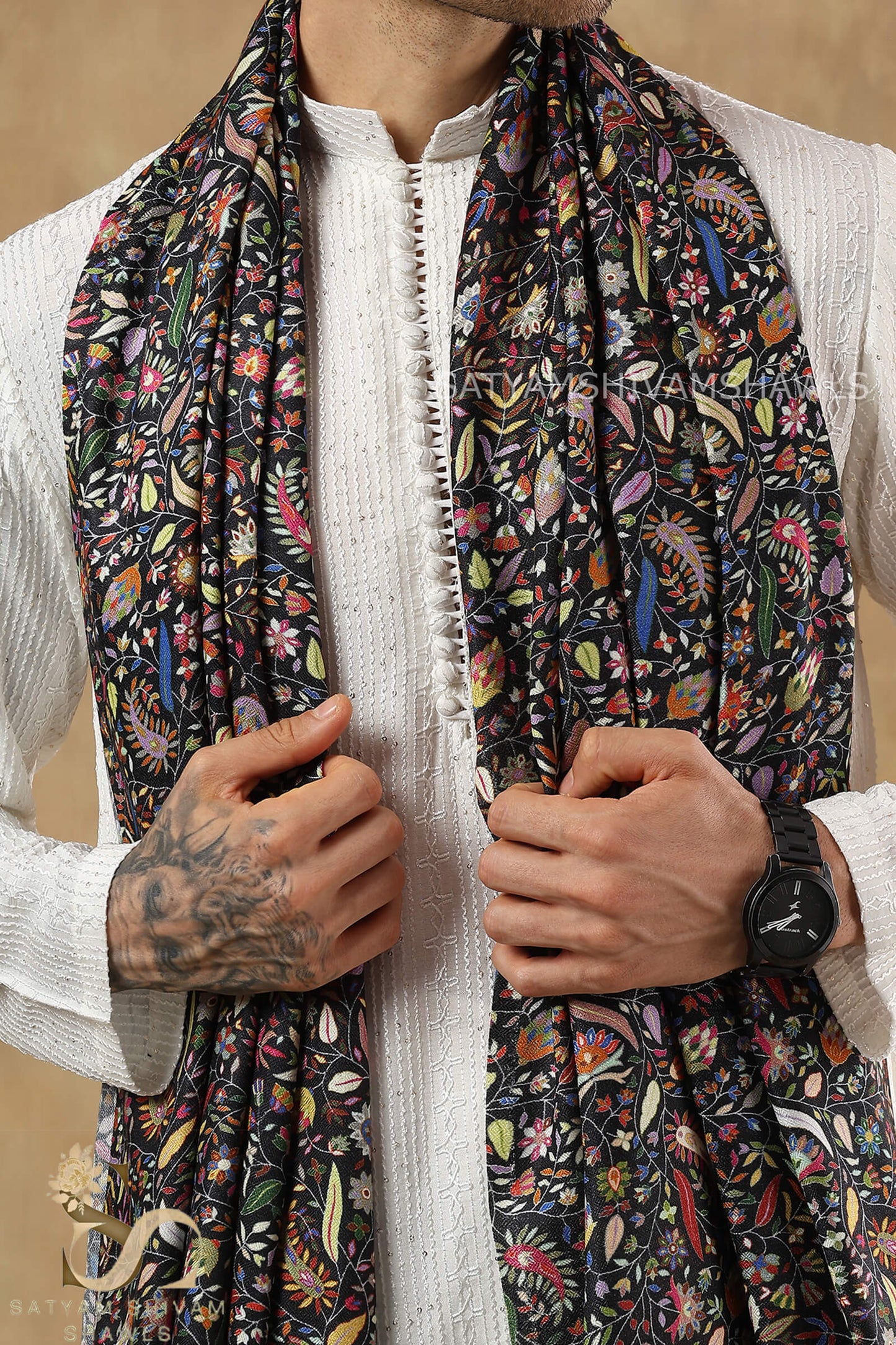 KALAMKARI KANI LEAF PRINT DESIGN MENS SHAWL SILK WOOL,BLACK