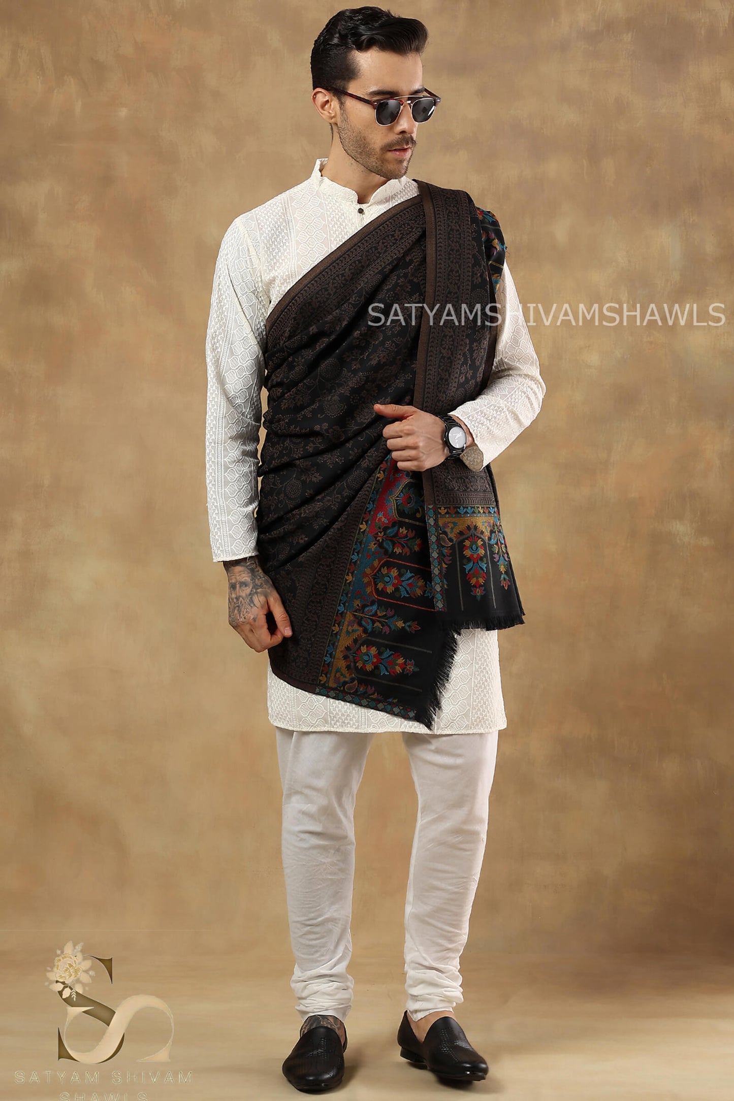 KASHIDA VINTAGE KANI WEAVED PALLA SHAWL,WARM AND SOFT,WARM BLACK COLOUR