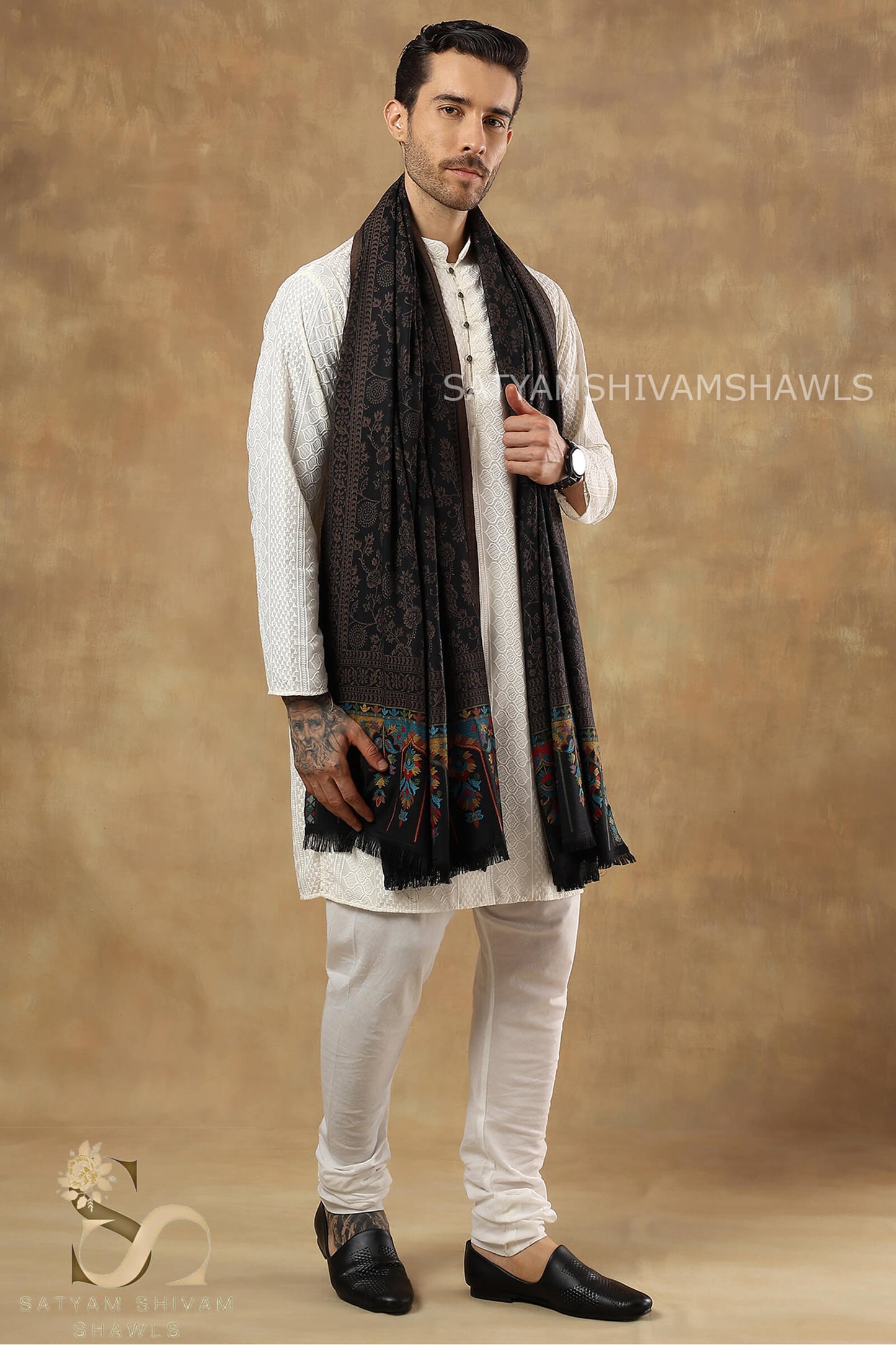 KASHIDA VINTAGE KANI WEAVED PALLA SHAWL,WARM AND SOFT,WARM BLACK COLOUR