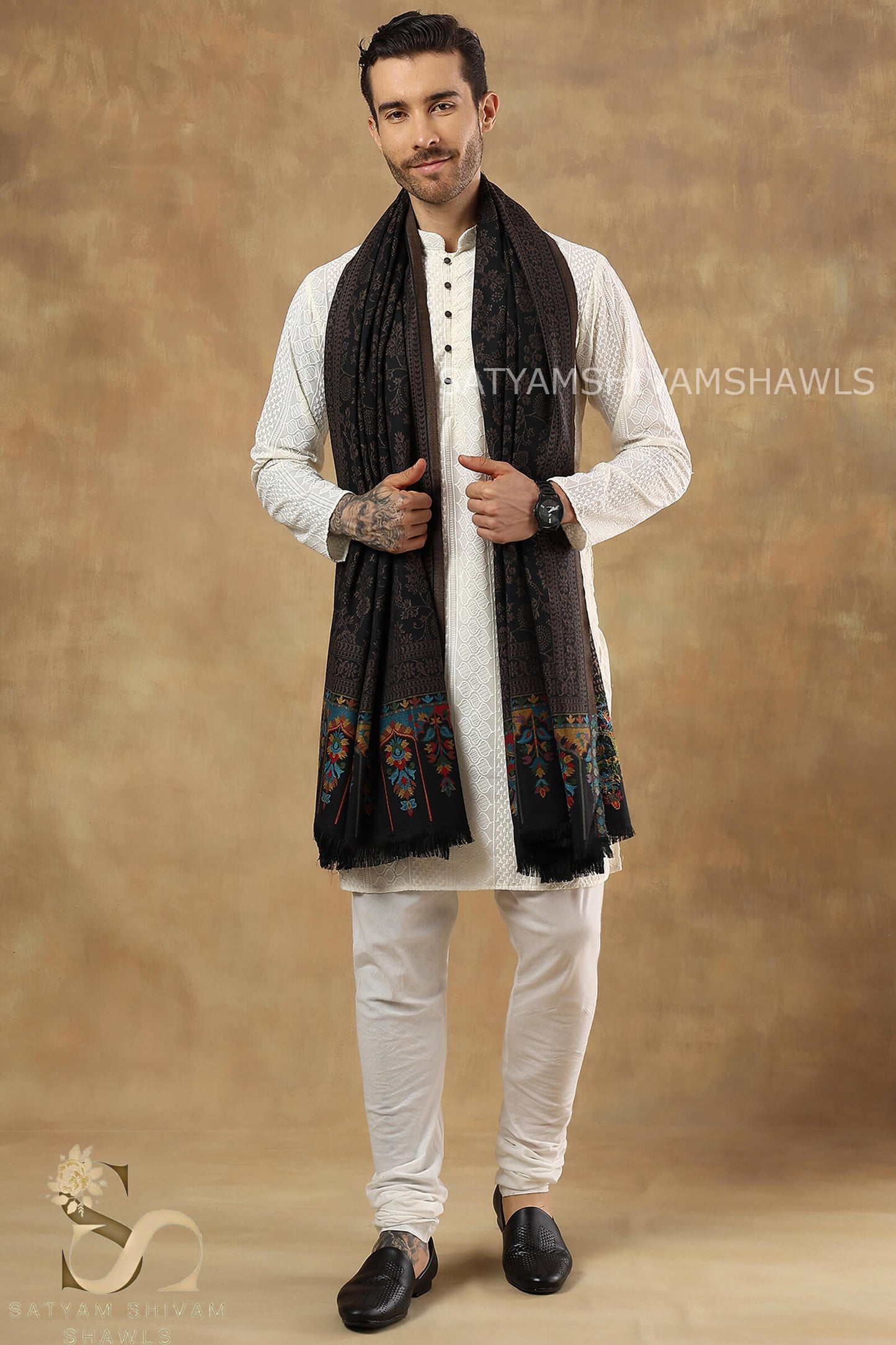 KASHIDA VINTAGE KANI WEAVED PALLA SHAWL,WARM AND SOFT,WARM BLACK COLOUR