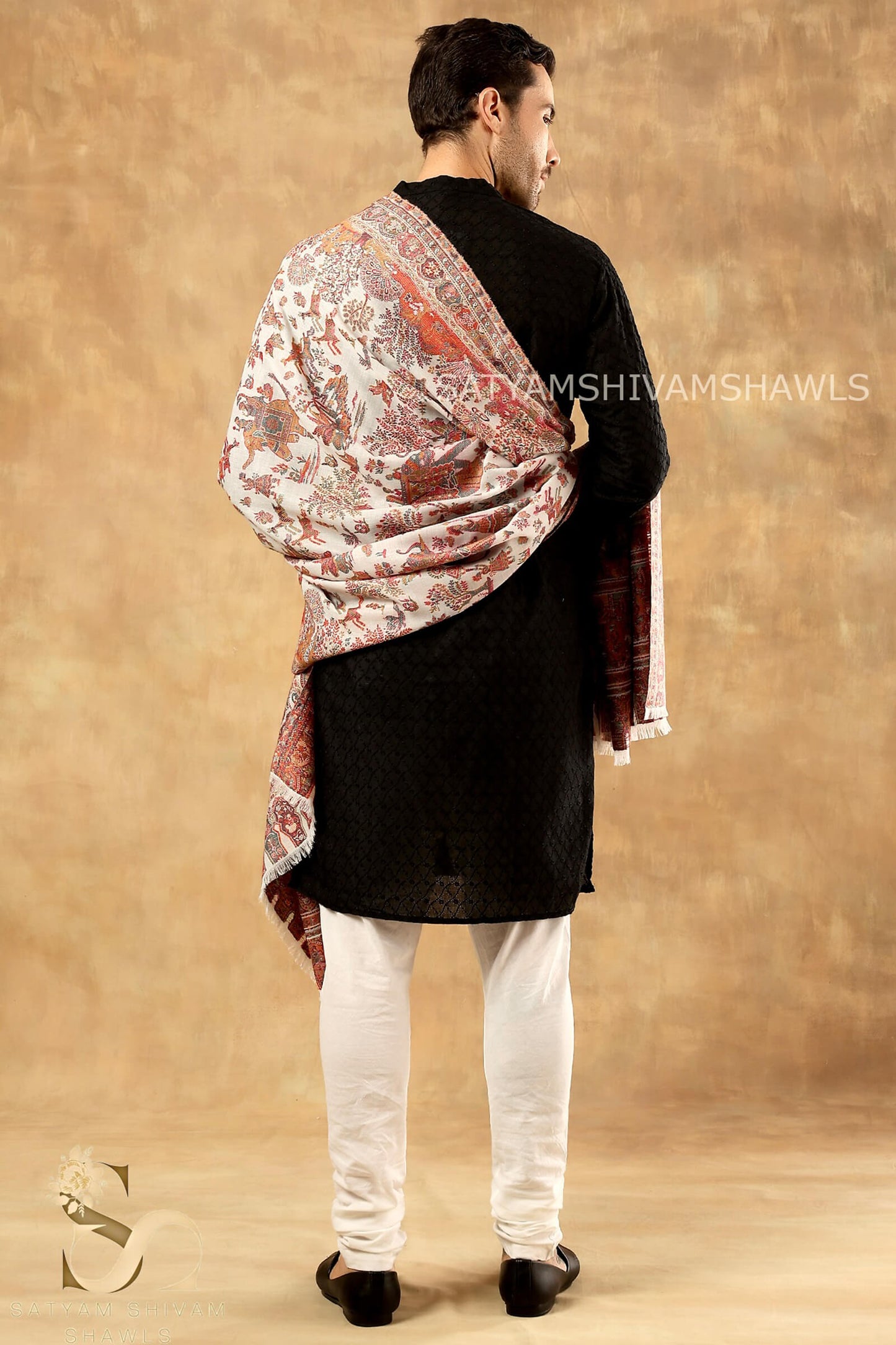 SHIKAADAR DESIGN KANI WOVEN PASHMINA BLEND MENS SHAWLS ,WHITE