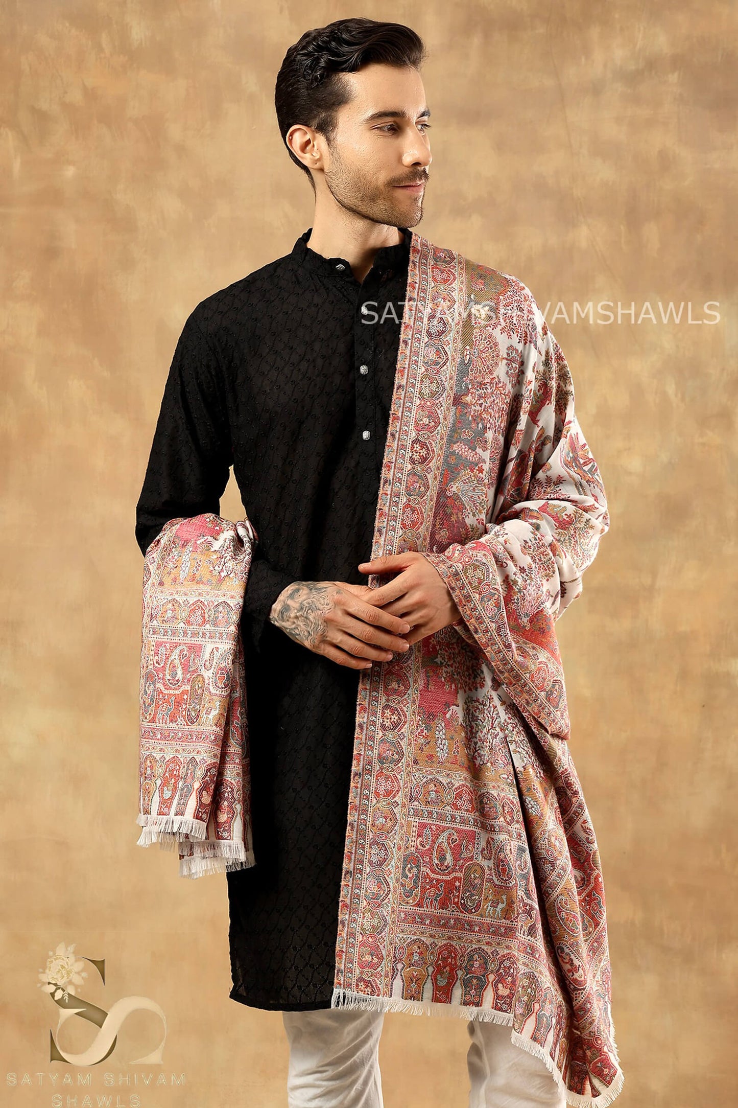 SHIKAADAR DESIGN KANI WOVEN PASHMINA BLEND MENS SHAWLS ,WHITE