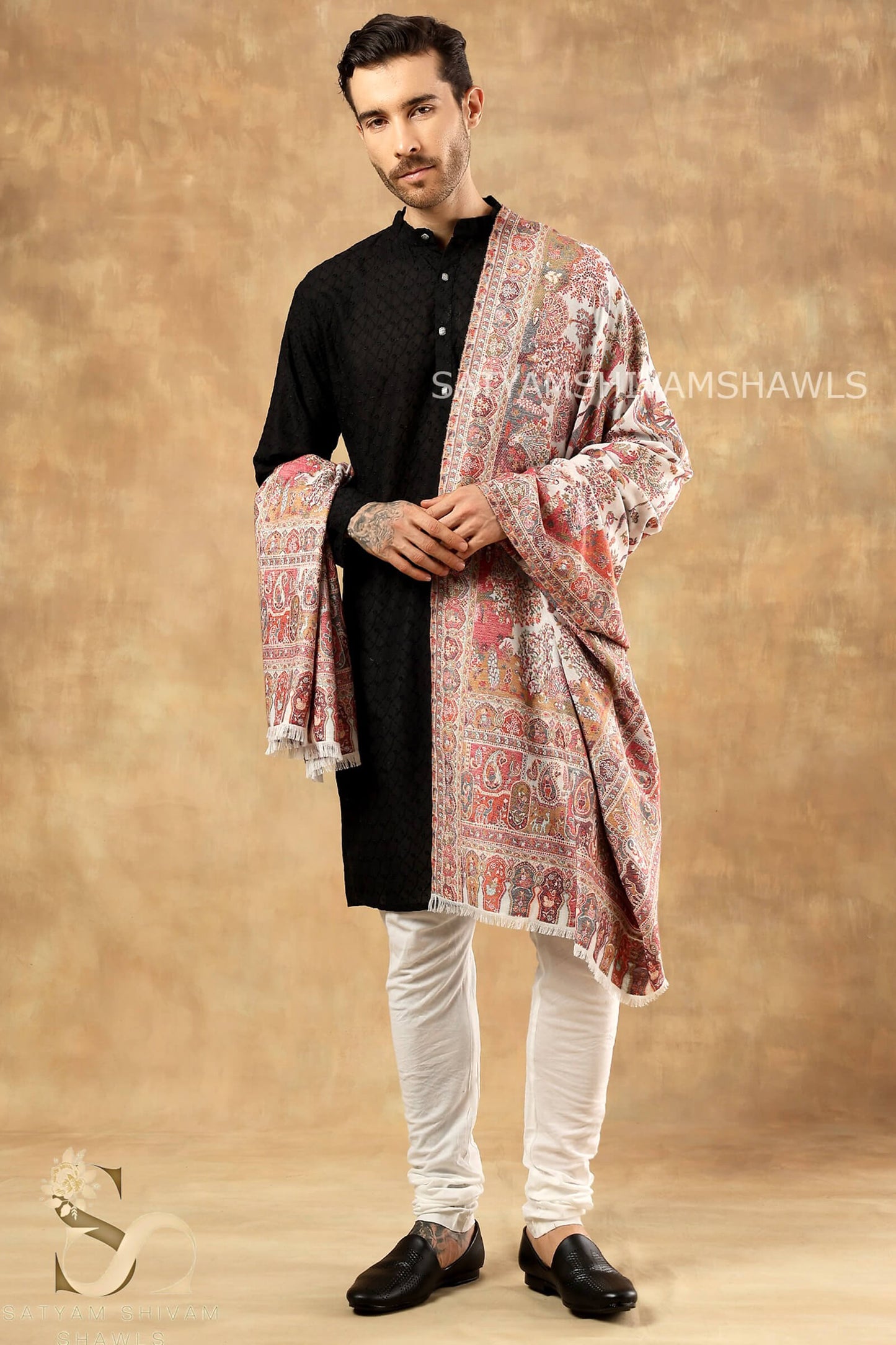 SHIKAADAR DESIGN KANI WOVEN PASHMINA BLEND MENS SHAWLS ,WHITE