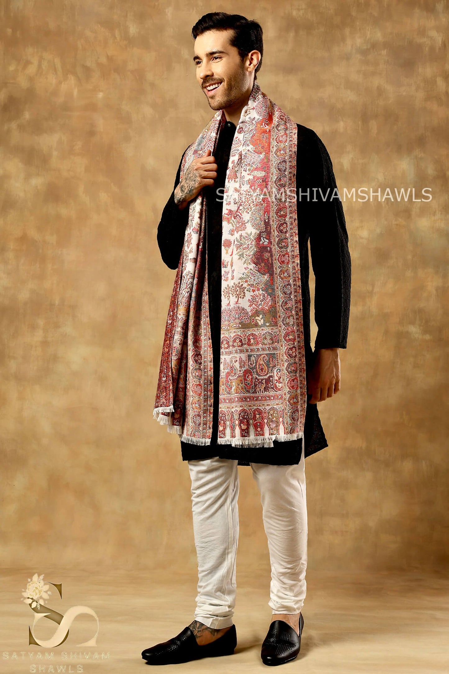 SHIKAADAR DESIGN KANI WOVEN PASHMINA BLEND MENS SHAWLS ,WHITE