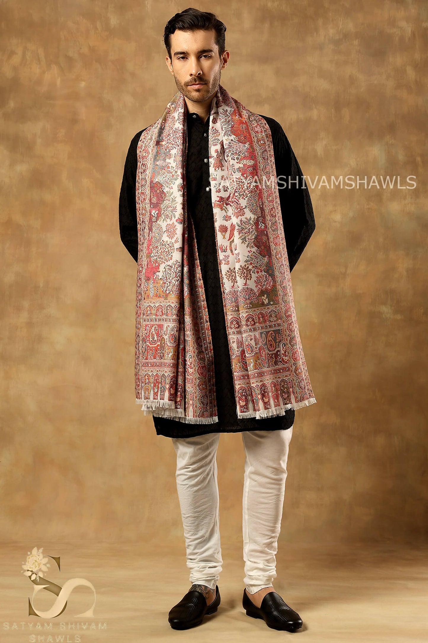 SHIKAADAR DESIGN KANI WOVEN PASHMINA BLEND MENS SHAWLS ,WHITE