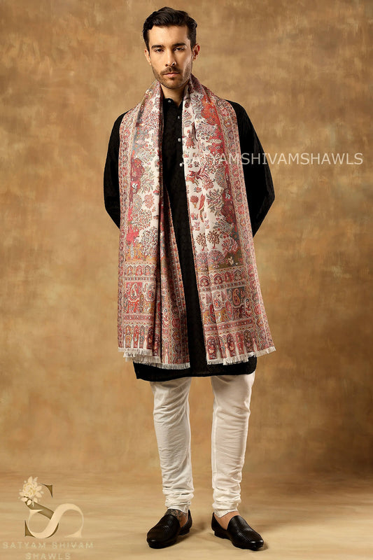 SHIKAADAR DESIGN KANI WOVEN PASHMINA BLEND MENS SHAWLS ,WHITE
