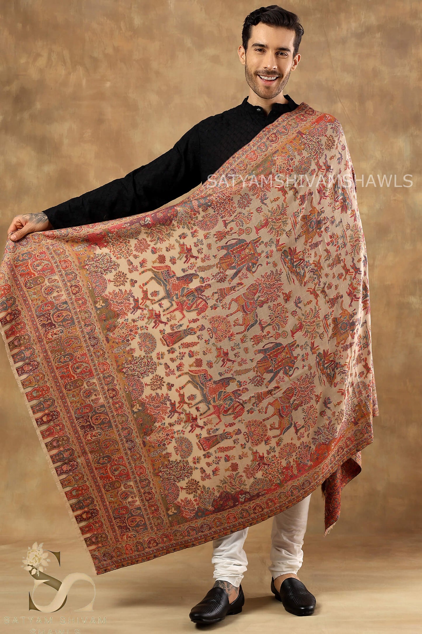 SHIKAADAR DESIGN KANI WOVEN PASHMINA BLEND MENS SHAWLS ,BEIGE