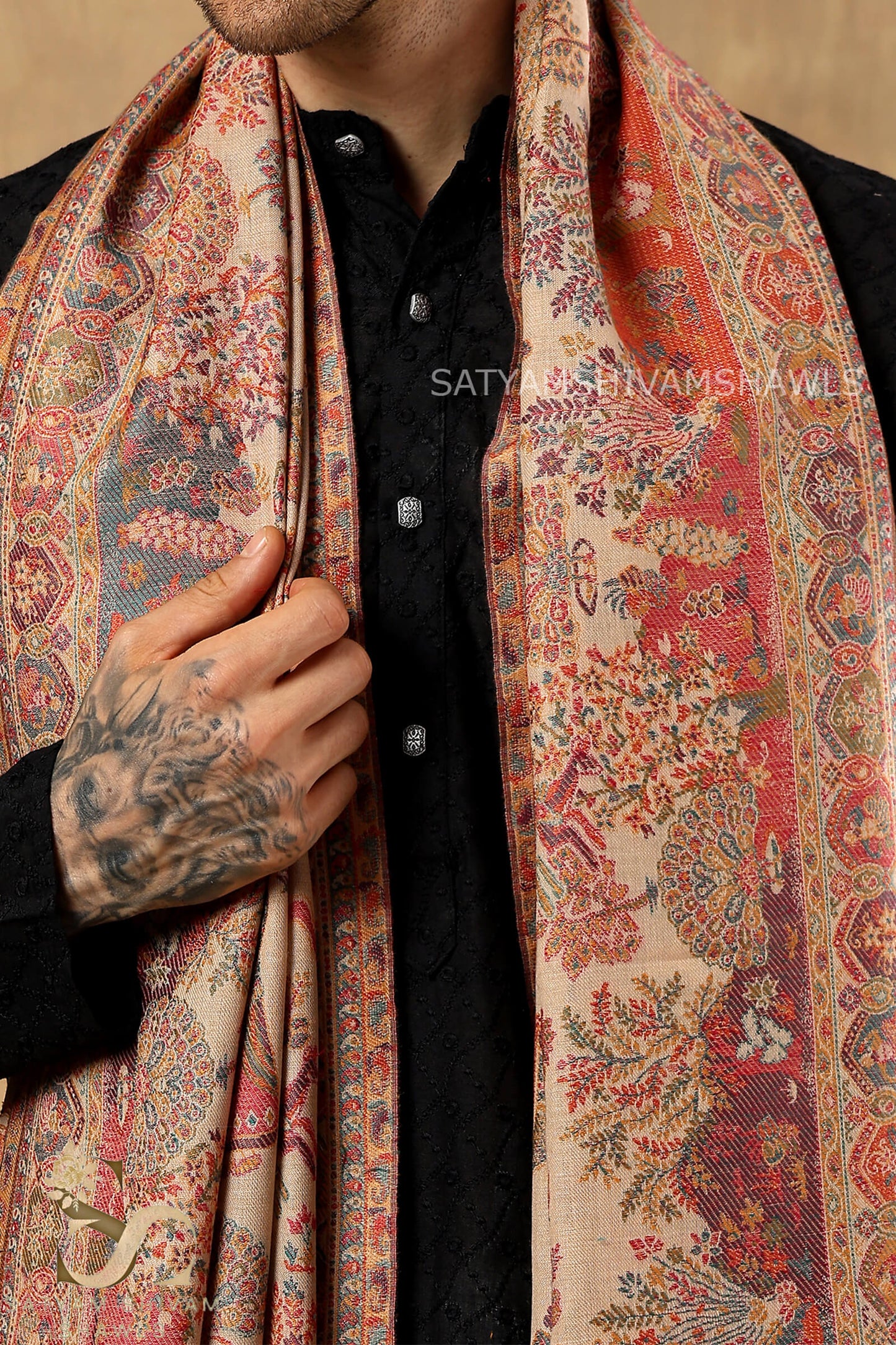 SHIKAADAR DESIGN KANI WOVEN PASHMINA BLEND MENS SHAWLS ,BEIGE