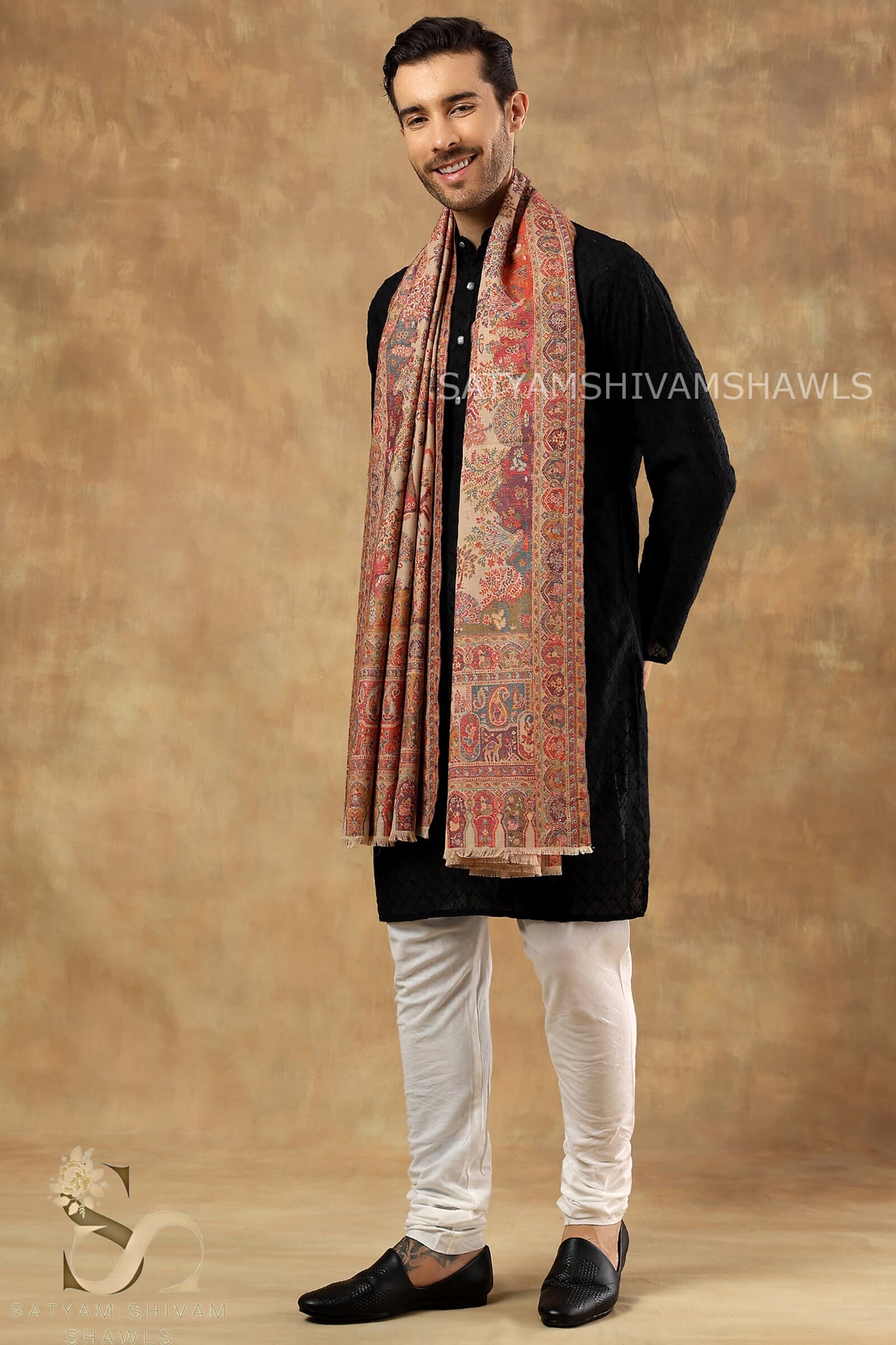 SHIKAADAR DESIGN KANI WOVEN PASHMINA BLEND MENS SHAWLS ,BEIGE