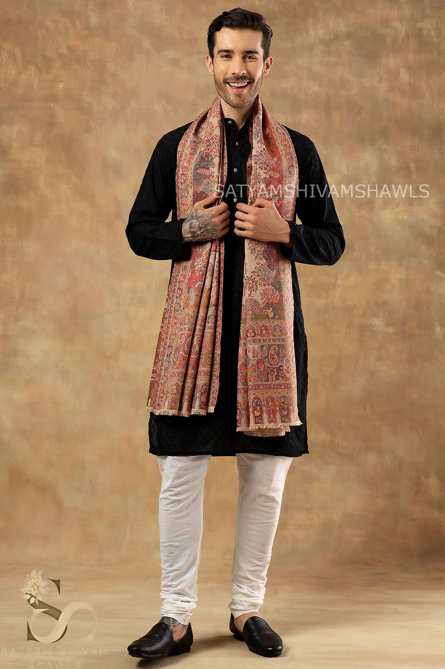 SHIKAADAR DESIGN KANI WOVEN PASHMINA BLEND MENS SHAWLS ,BEIGE