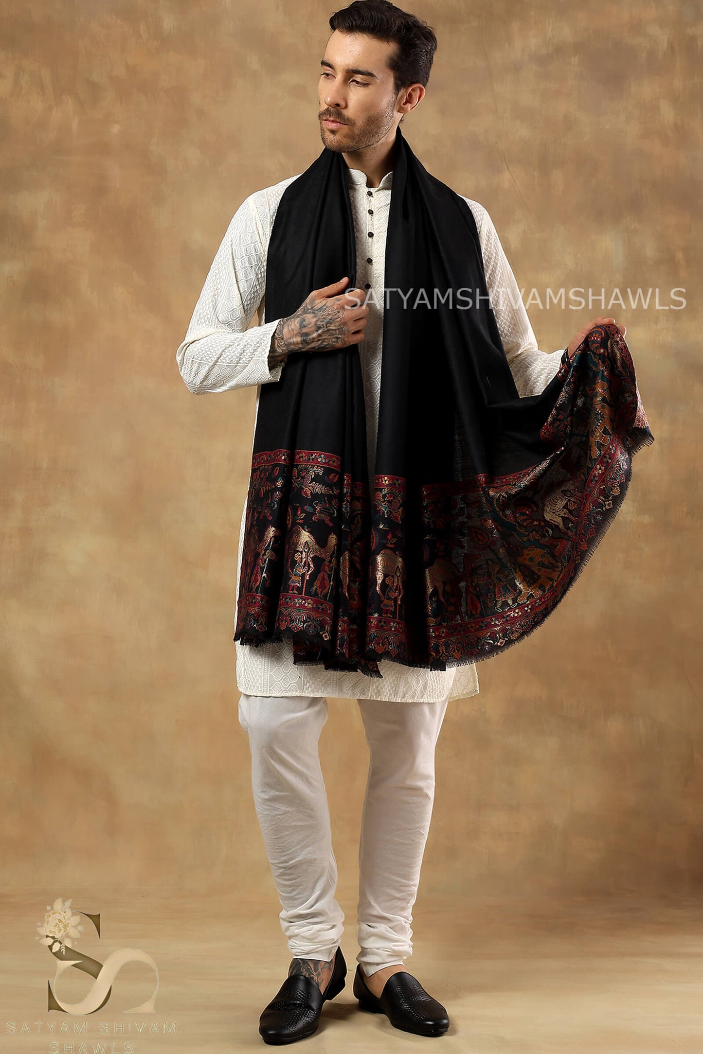 DHOLI PALLA KANI ZARI WEAVE PURE WOOL MENS  SHAWL,WARM AND SOFT,BLACK