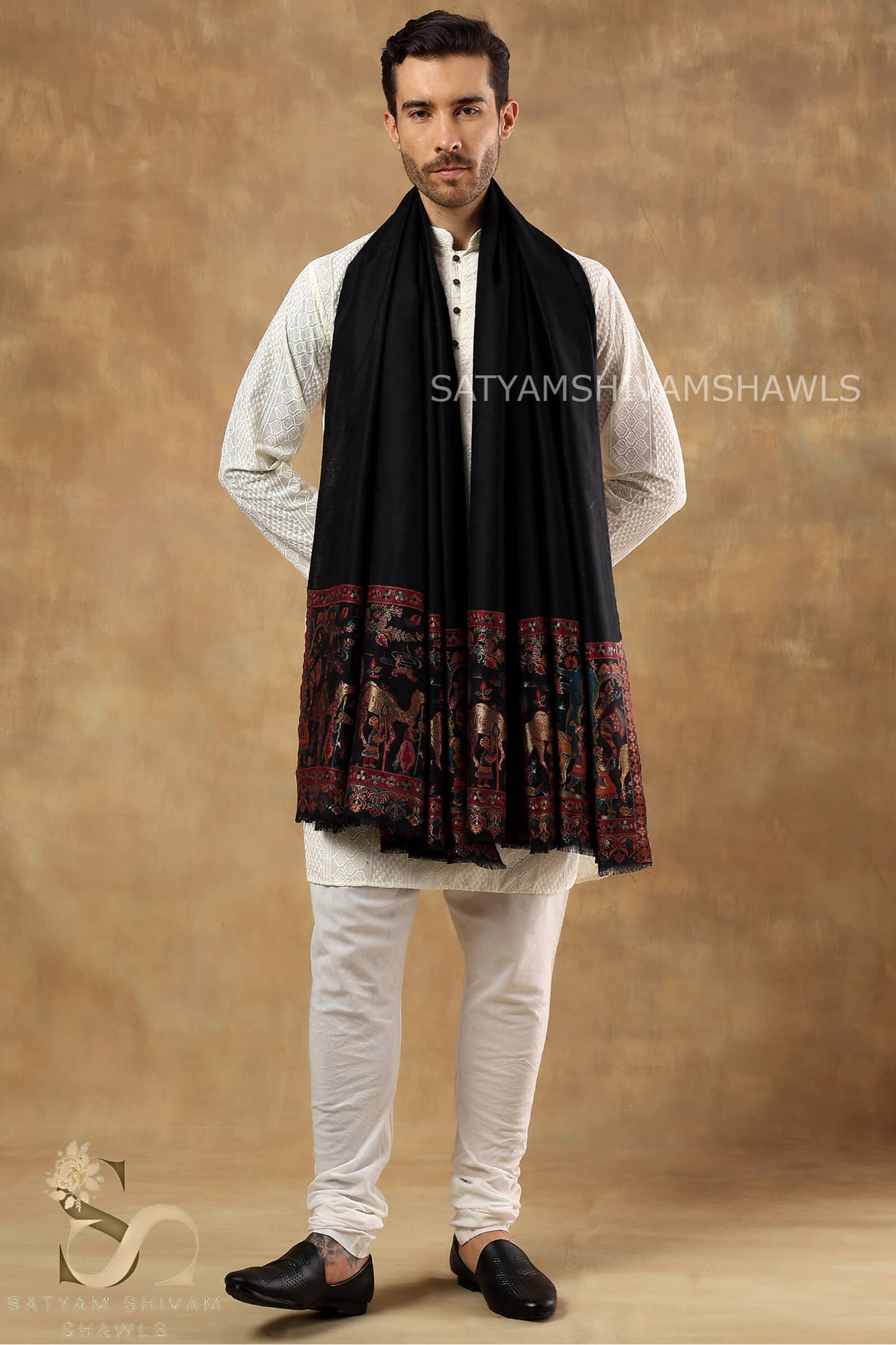 DHOLI PALLA KANI ZARI WEAVE PURE WOOL MENS  SHAWL,WARM AND SOFT,BLACK