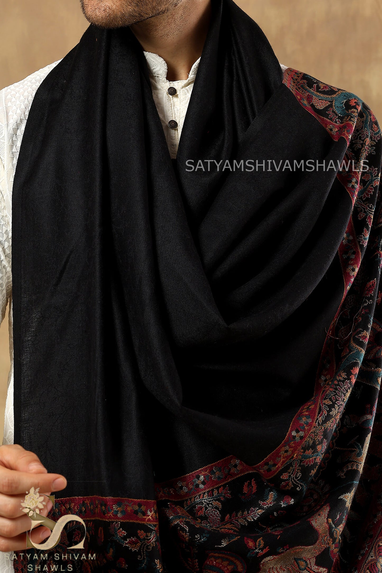 DHOLI PALLA KANI ZARI WEAVE PURE WOOL MENS  SHAWL,WARM AND SOFT,BLACK
