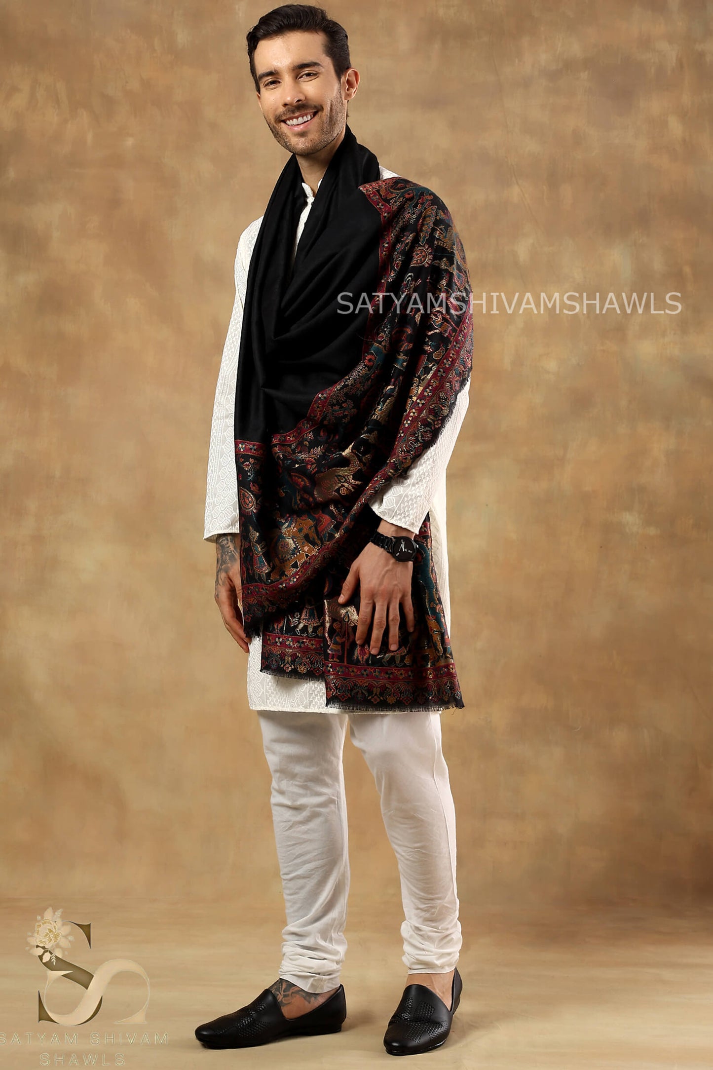 DHOLI PALLA KANI ZARI WEAVE PURE WOOL MENS  SHAWL,WARM AND SOFT,BLACK