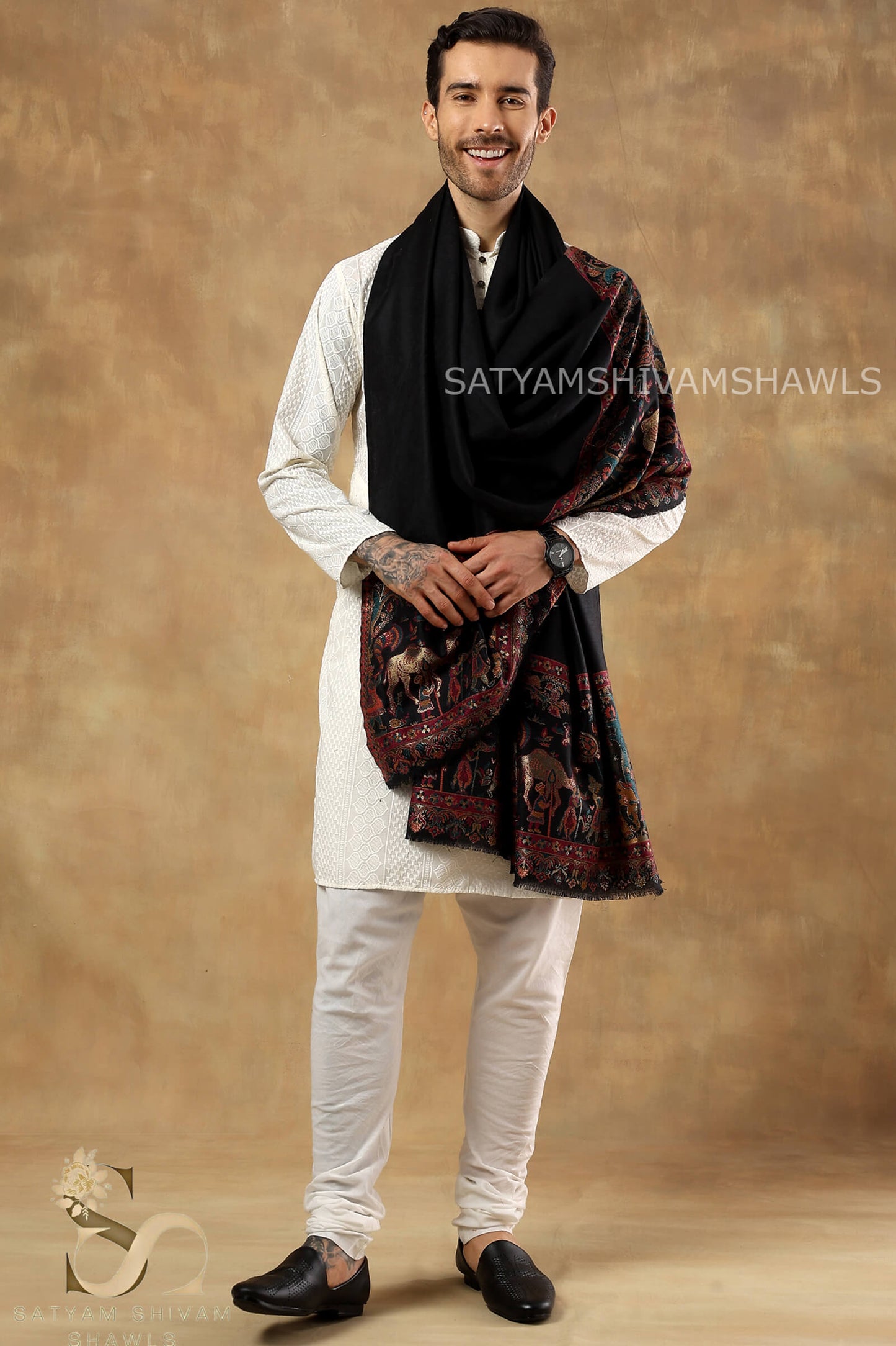 DHOLI PALLA KANI ZARI WEAVE PURE WOOL MENS  SHAWL,WARM AND SOFT,BLACK