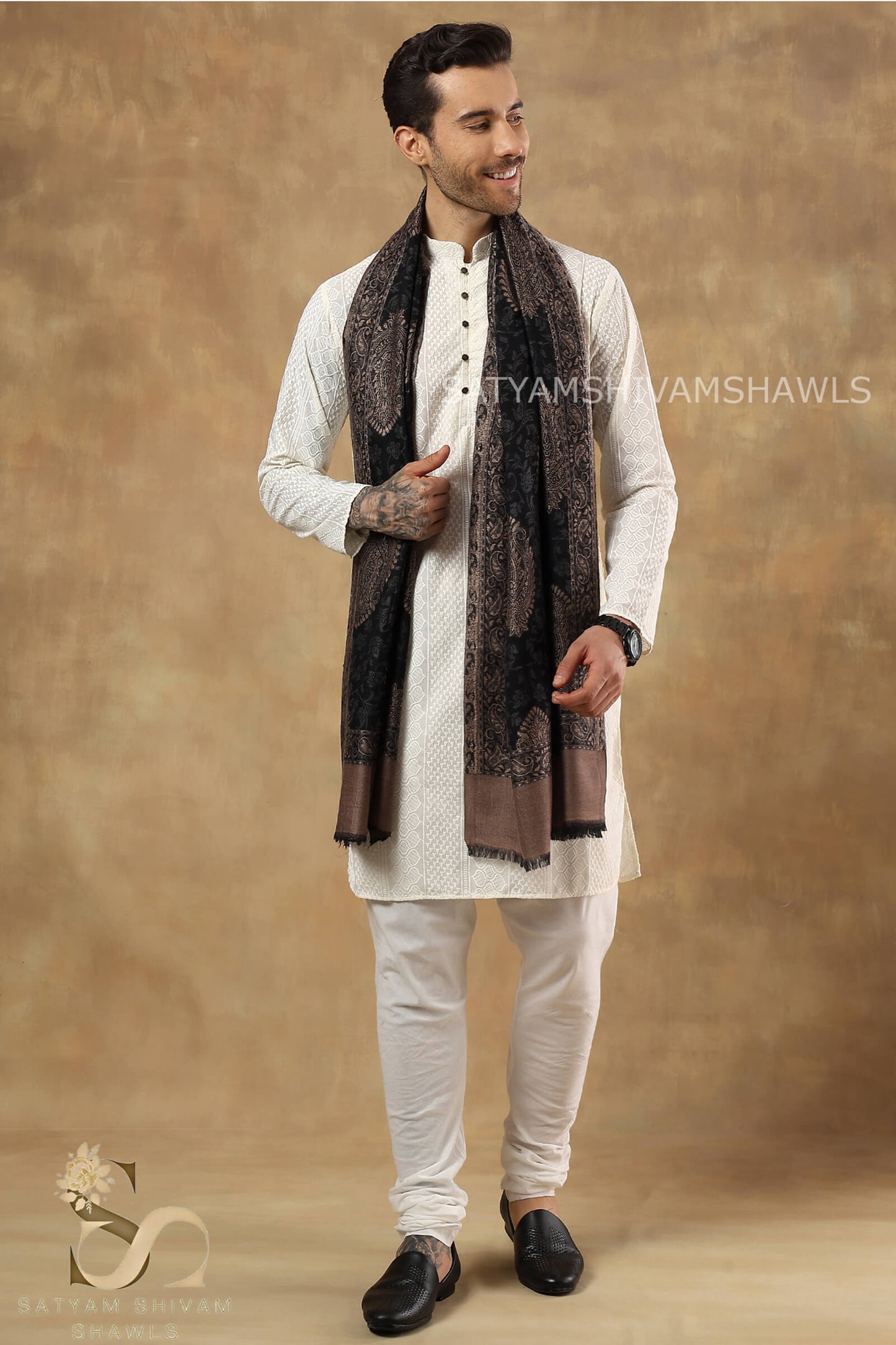 TURKISH SELF KANI WOVEN DESIGN,STOLE,BLACK,&MENS