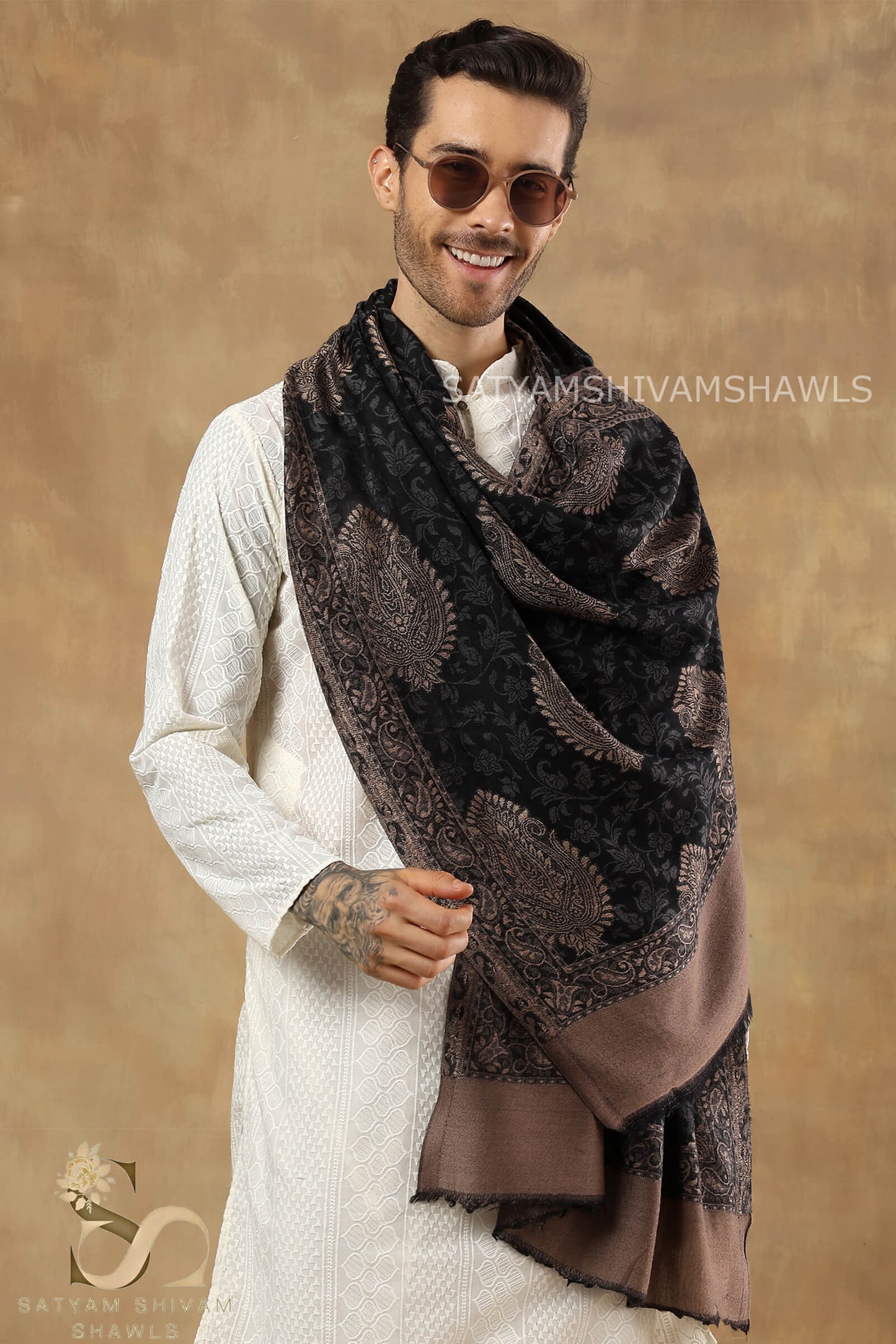 TURKISH SELF KANI WOVEN DESIGN,STOLE,BLACK,&MENS