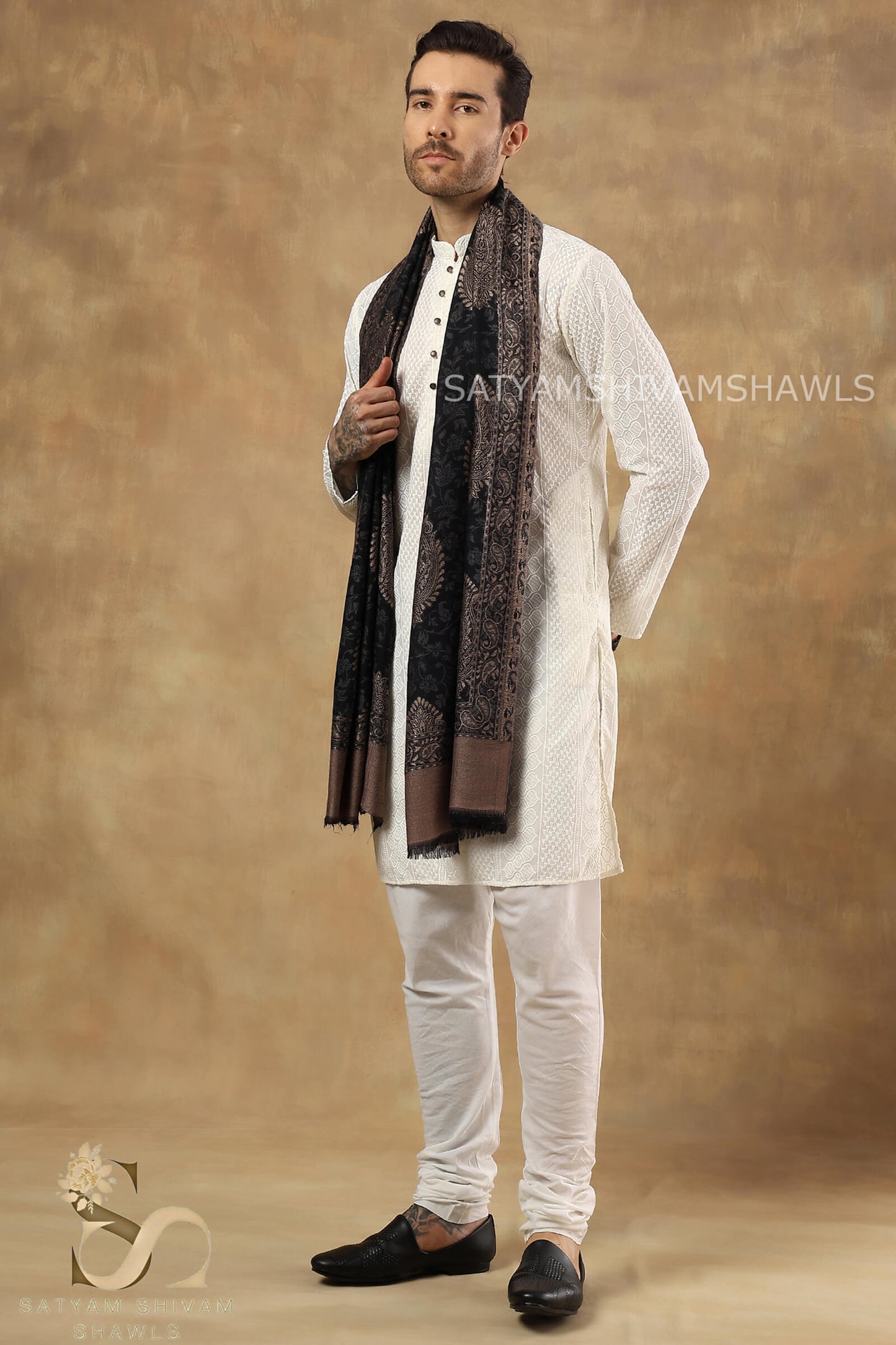 TURKISH SELF KANI WOVEN DESIGN,STOLE,BLACK,&MENS