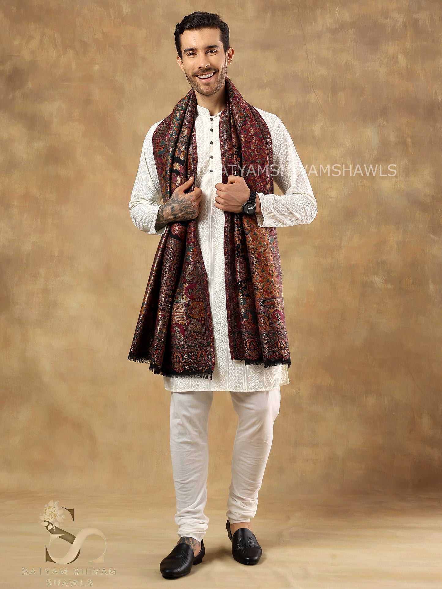 "SHAAN -E-DARBAR" THEME KANI  PASHMINA BLEND WOOL MENS STOLES, BLACK