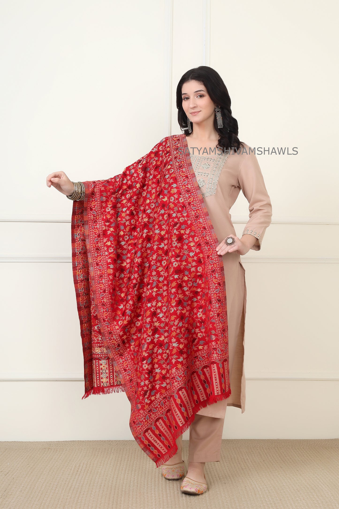 noor-e-kani multi pure wool stole,red