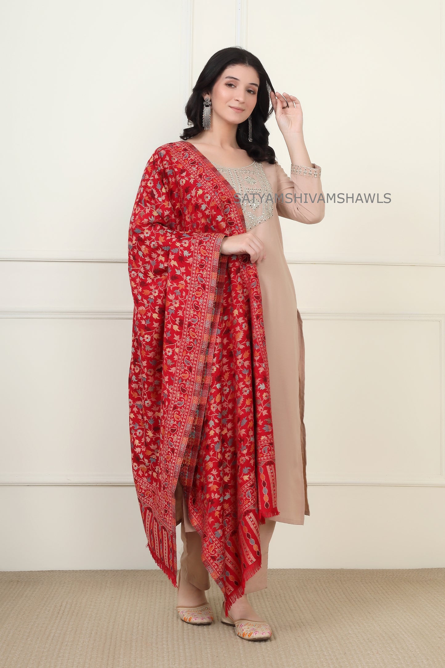 noor-e-kani multi pure wool stole,red