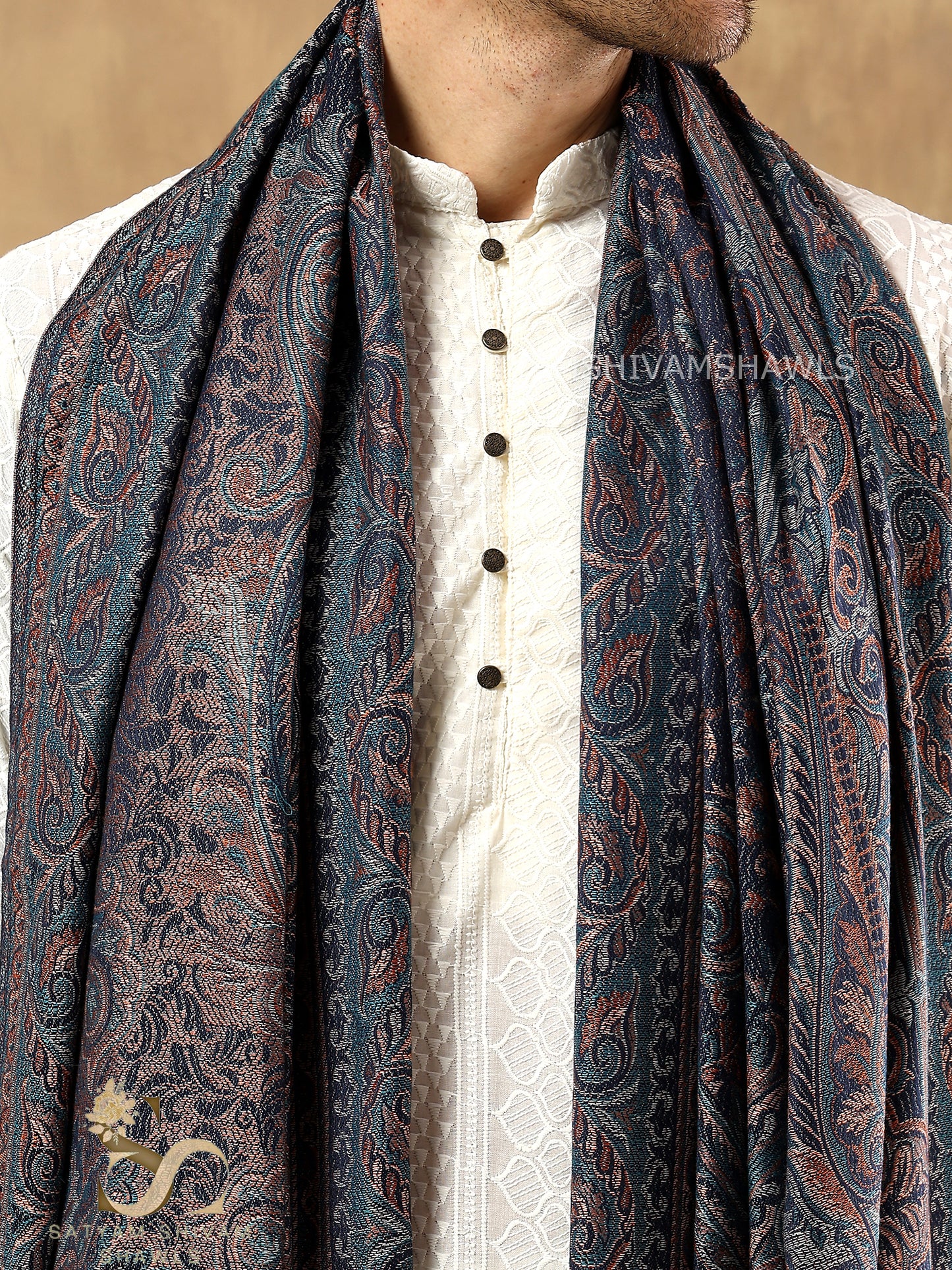 His and Her Gift Set of Jamawar and kaani Shawls With premium box packaging,navy blue & white