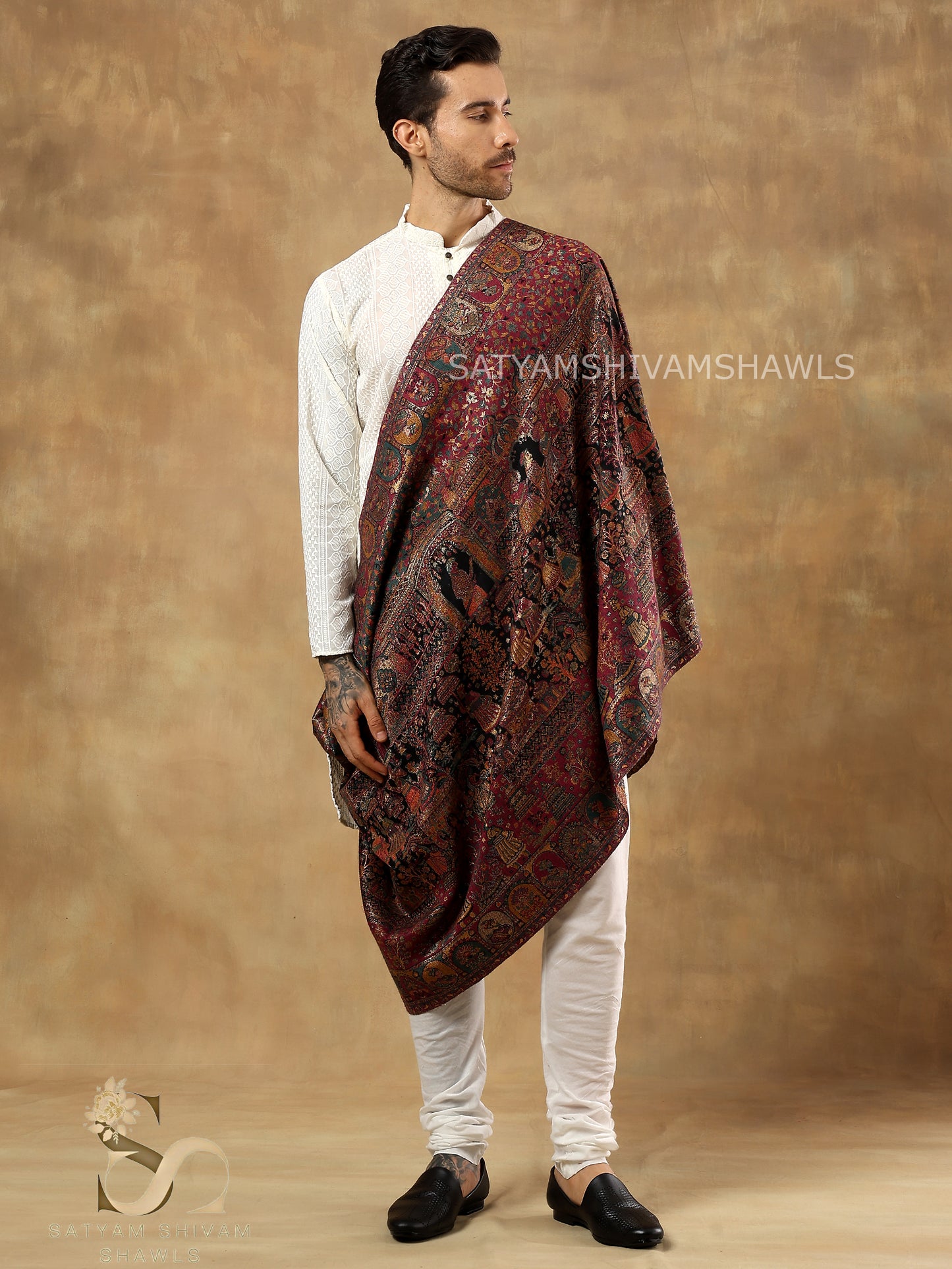 "SHAAN -E-DARBAR" THEME KANI  PASHMINA BLEND WOOL MENS STOLES, BLACK