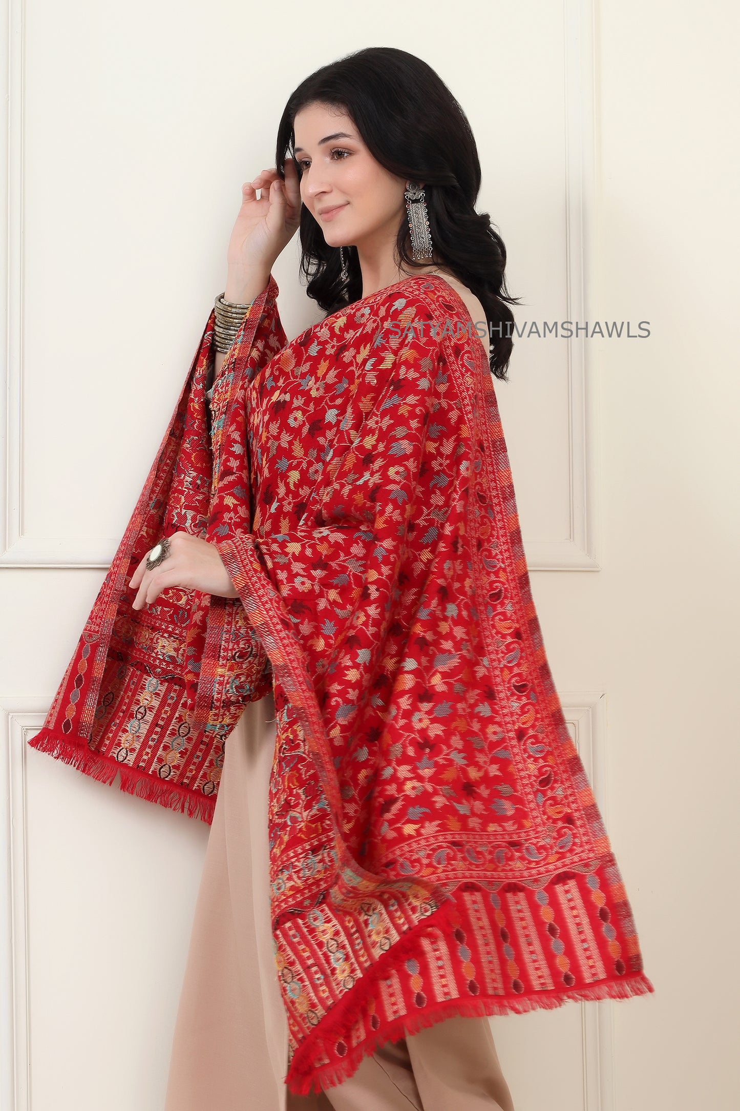 noor-e-kani multi pure wool stole,red