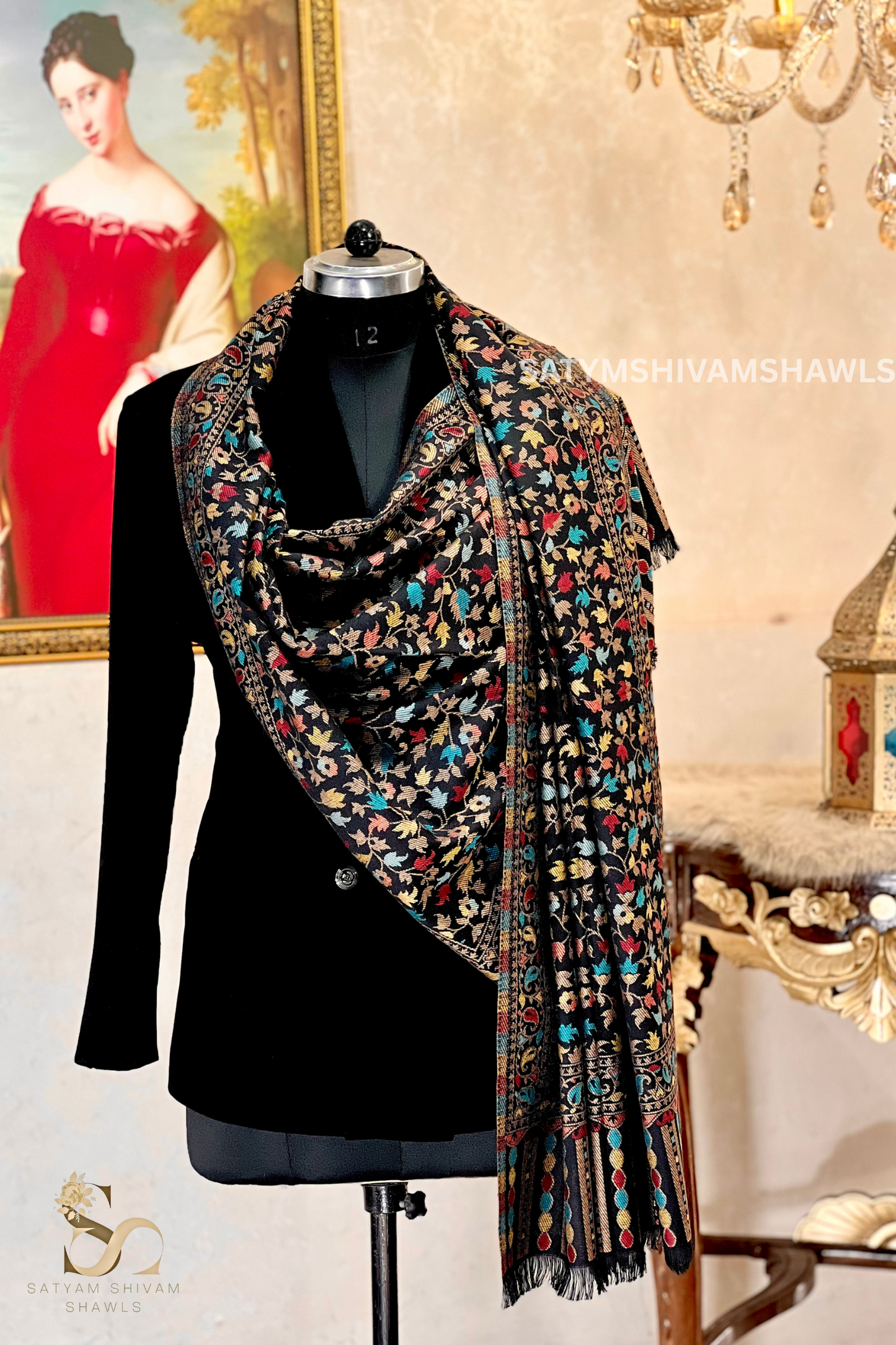 noor-e-kani multi pure wool stole,black