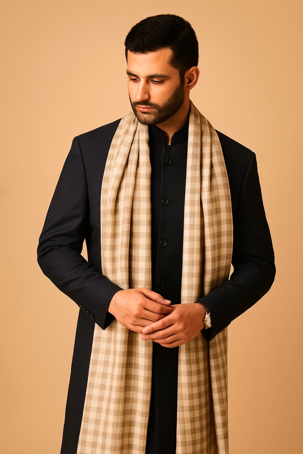LUXURY PASHMINA GENTS LOHI MIST CHECK DESIGN ,CAMEL SKIN,FULL SIZE