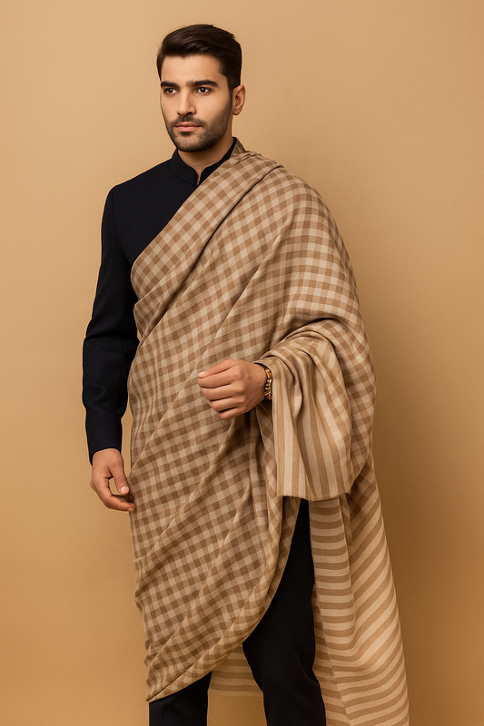 LUXURY PASHMINA GENTS LOHI MIST CHECK DESIGN ,CAMEL SKIN,FULL SIZE