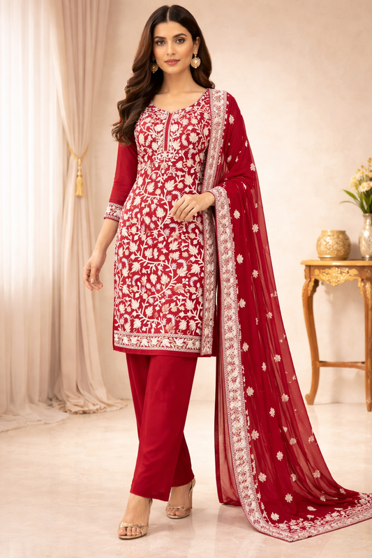 KHATOON KASHMIRI NALKI TILLA EMROIDERY GEORGETTE SUIT MEHROON  COLOUR