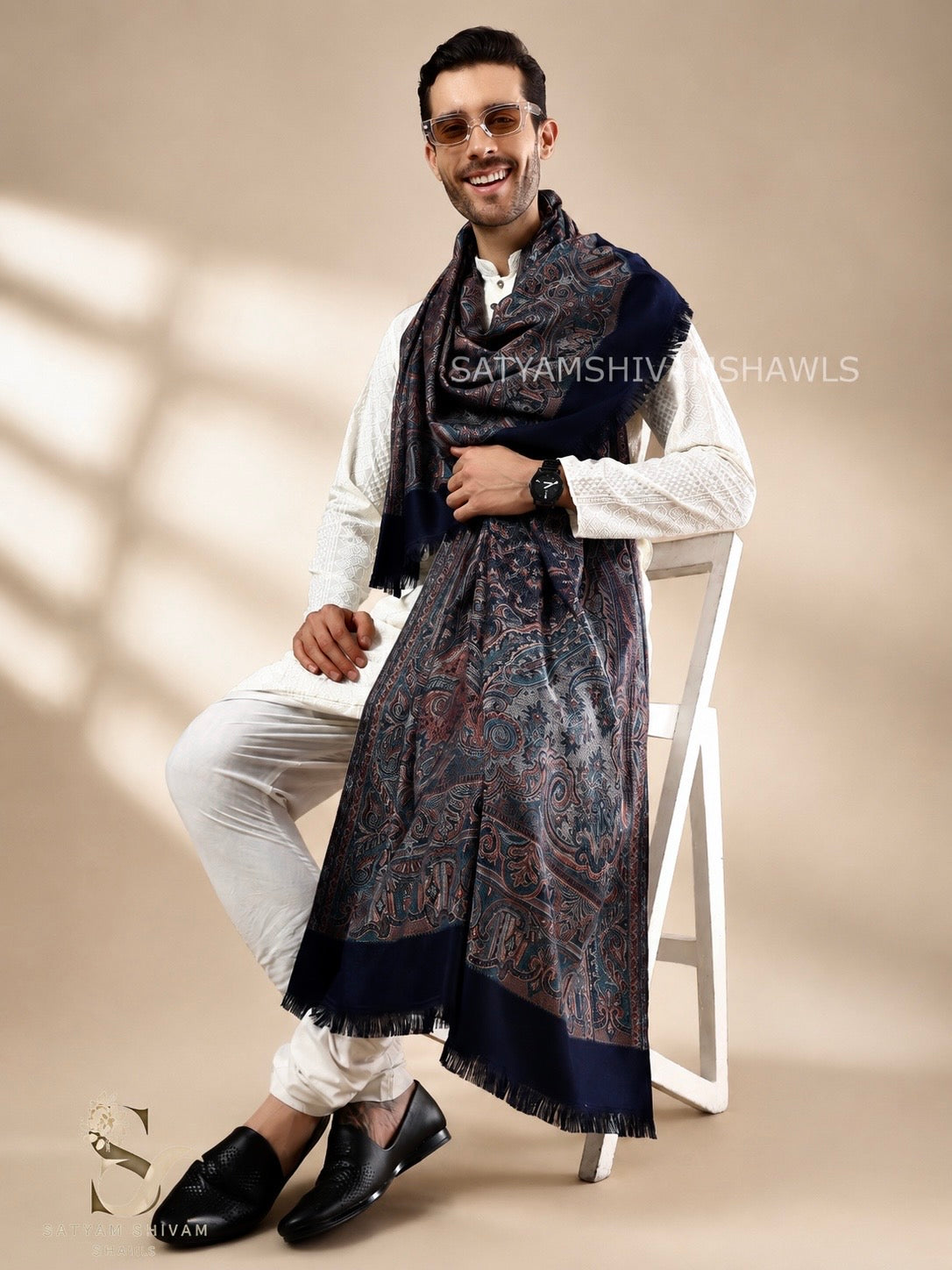 VINTAGE ROYAL JAMAWAR PAISLEY KANI DESIGN MENS SHAWL,NAVYBLUE