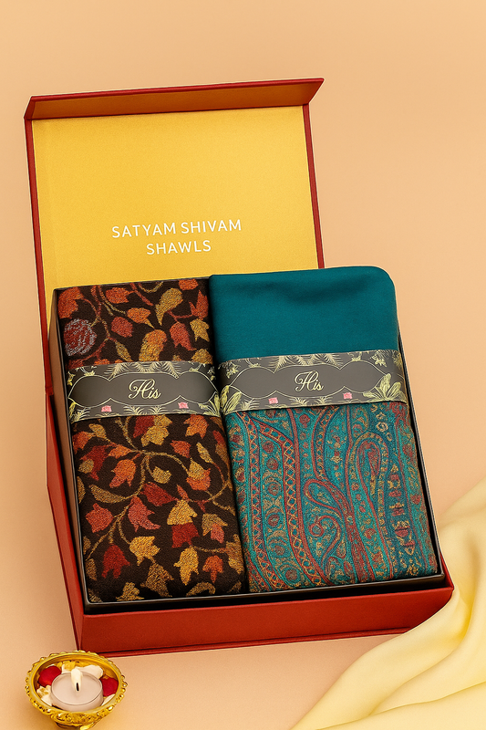 HIS AND HER SET OF PURE WOOL MEN'S KANI WEAVED ALL OVER  STOLE AND WOMEN KANI PALLA STOLE
