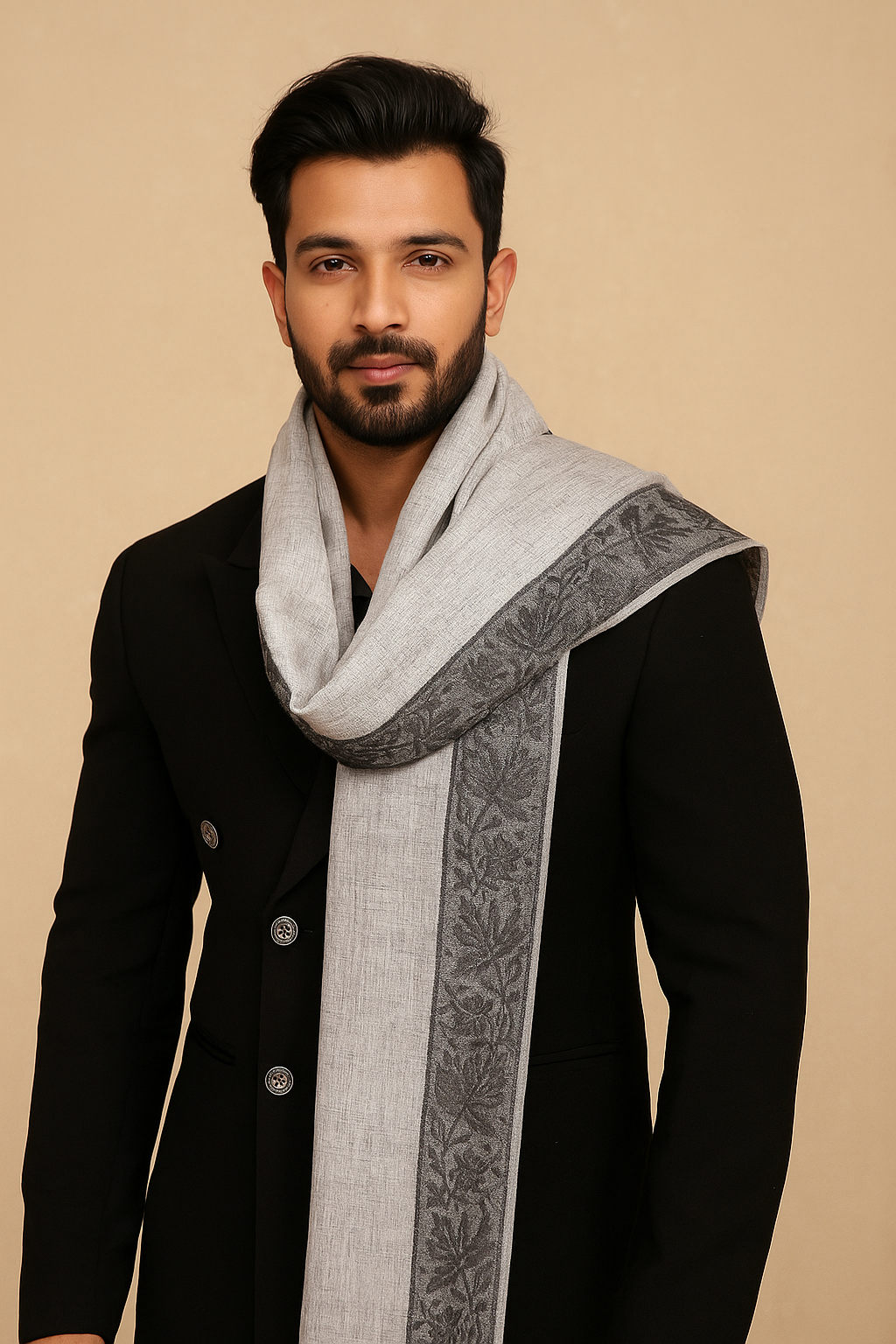 PURE WOOL REVERSIBLE SELF BORDER DESIGN SHAWL ,GREY