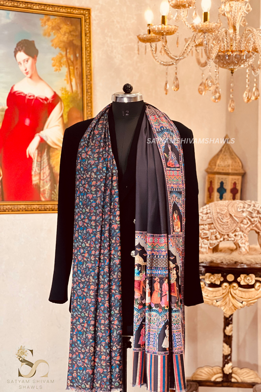 ISHQ-E-DHOLI PALLA REVERSIBLE  PURE WOOL KALAMKARI PRINT STOLE ,BLACK