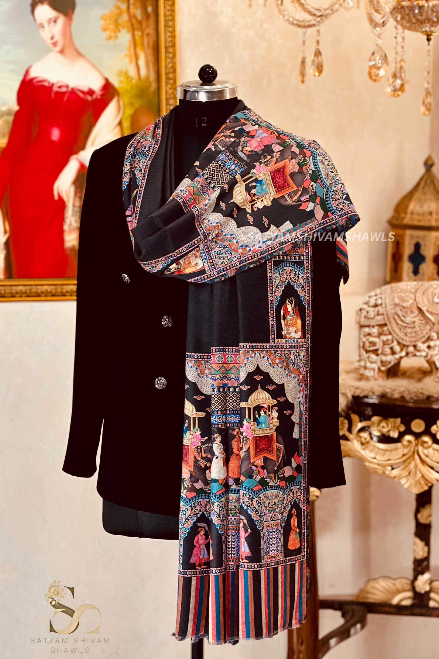 ISHQ-E-DHOLI PALLA REVERSIBLE  PURE WOOL KALAMKARI PRINT STOLE ,BLACK