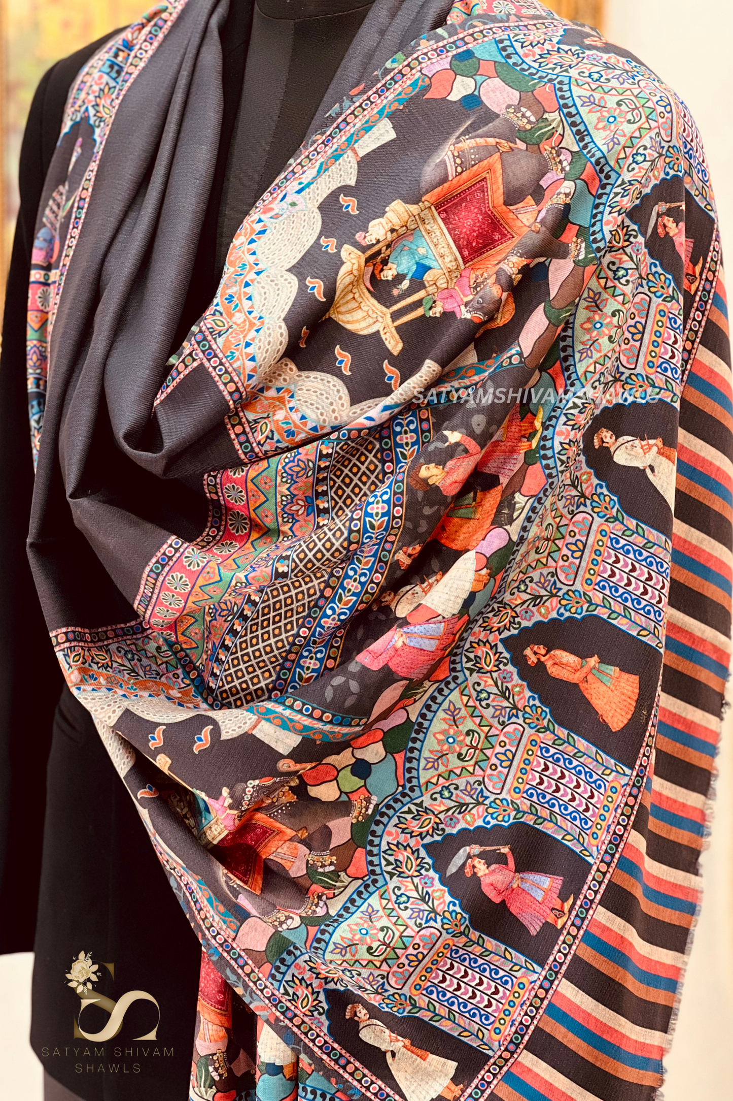 ISHQ-E-DHOLI PALLA REVERSIBLE  PURE WOOL KALAMKARI PRINT STOLE ,BLACK