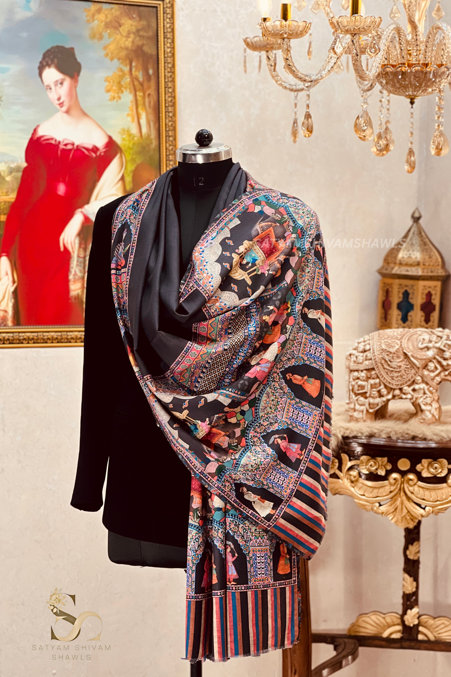 ISHQ-E-DHOLI PALLA REVERSIBLE  PURE WOOL KALAMKARI PRINT STOLE ,BLACK