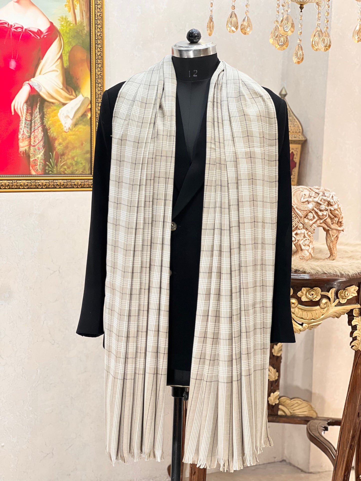 Mens Woven Check Shawl-pure wool ,beige colour