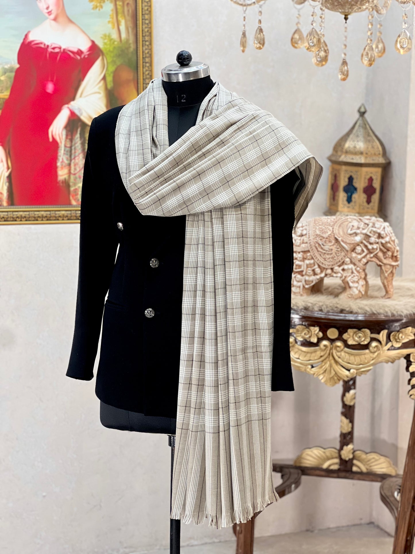 Mens Woven Check Shawl-pure wool ,beige colour