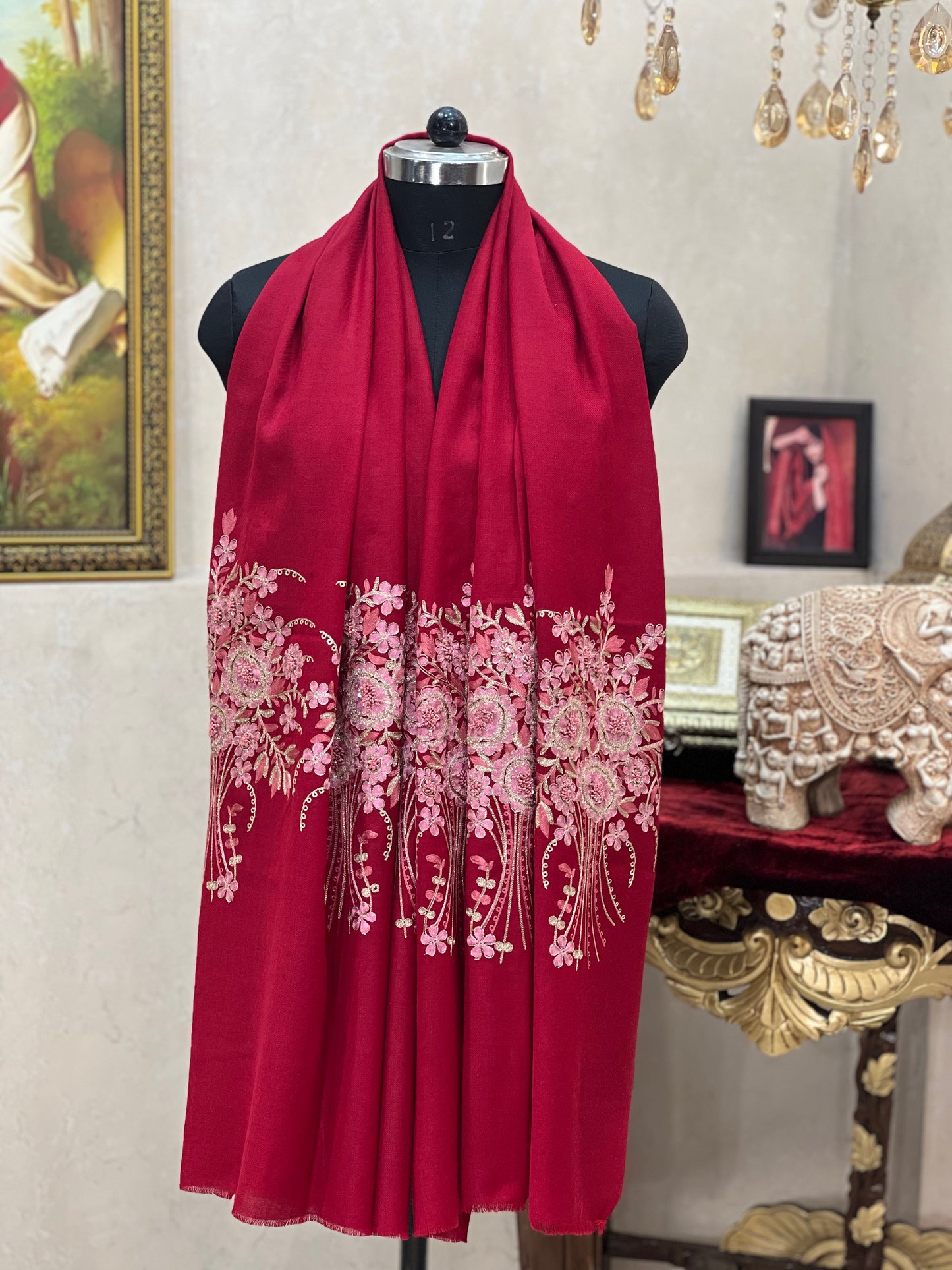 ITALIAN HAND MADE WORK  BUNCH FLOWER DESIGN  PASHMINA STOLE MEHROON