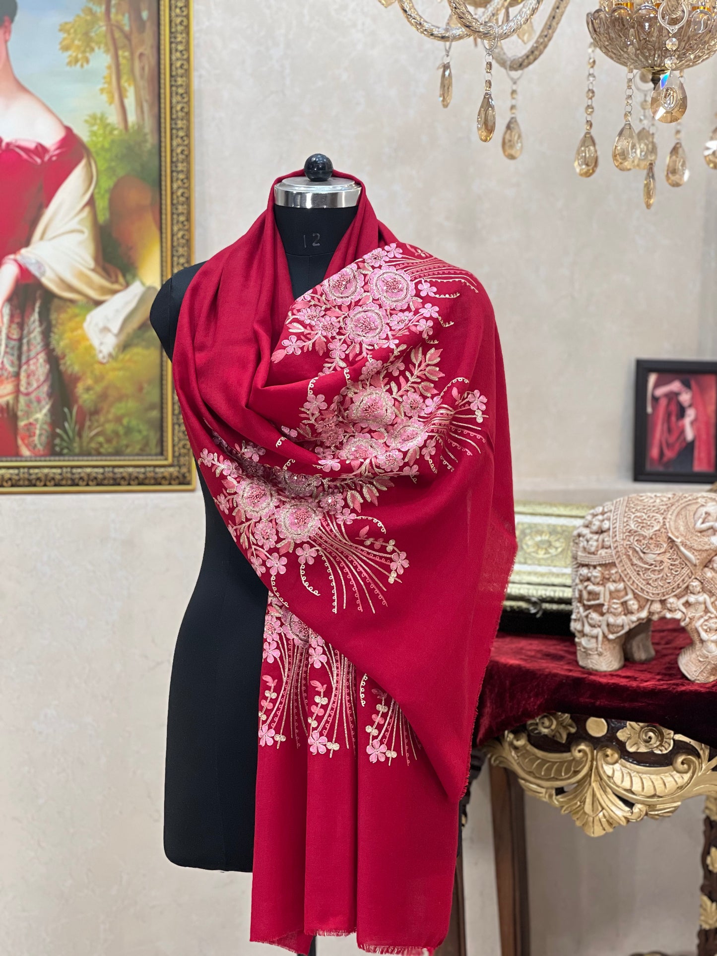 ITALIAN HAND MADE WORK  BUNCH FLOWER DESIGN  PASHMINA STOLE MEHROON