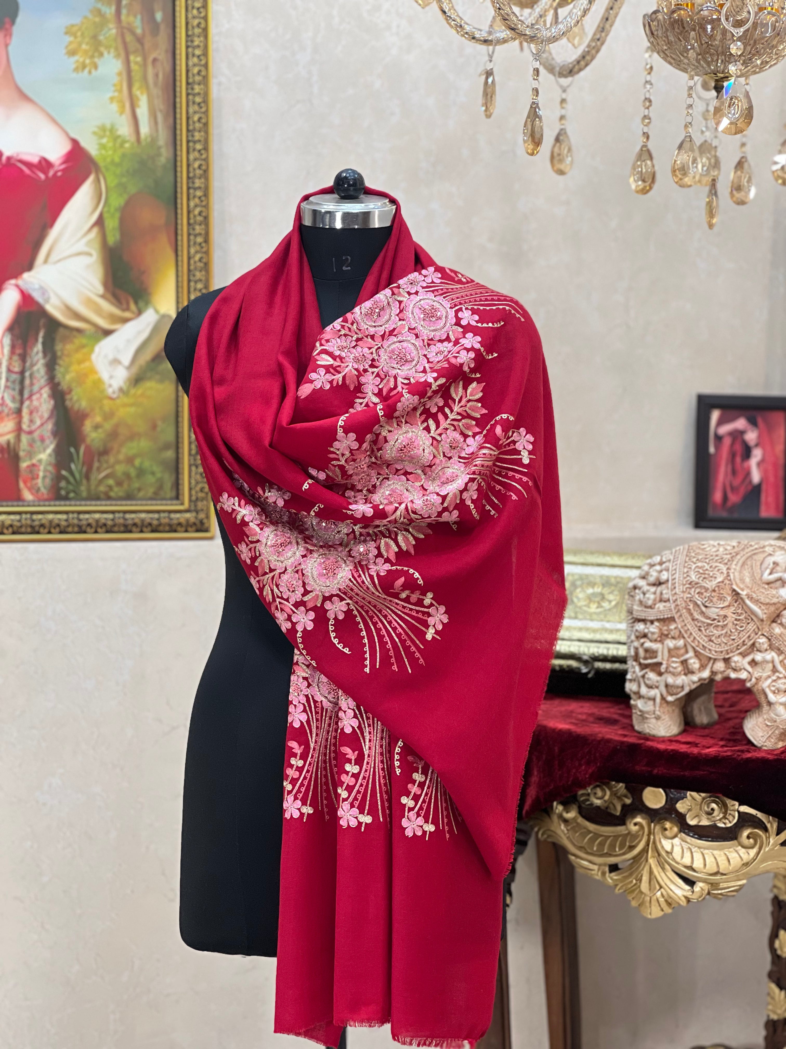 ITALIAN HAND MADE WORK  BUNCH FLOWER DESIGN  PASHMINA STOLE MEHROON