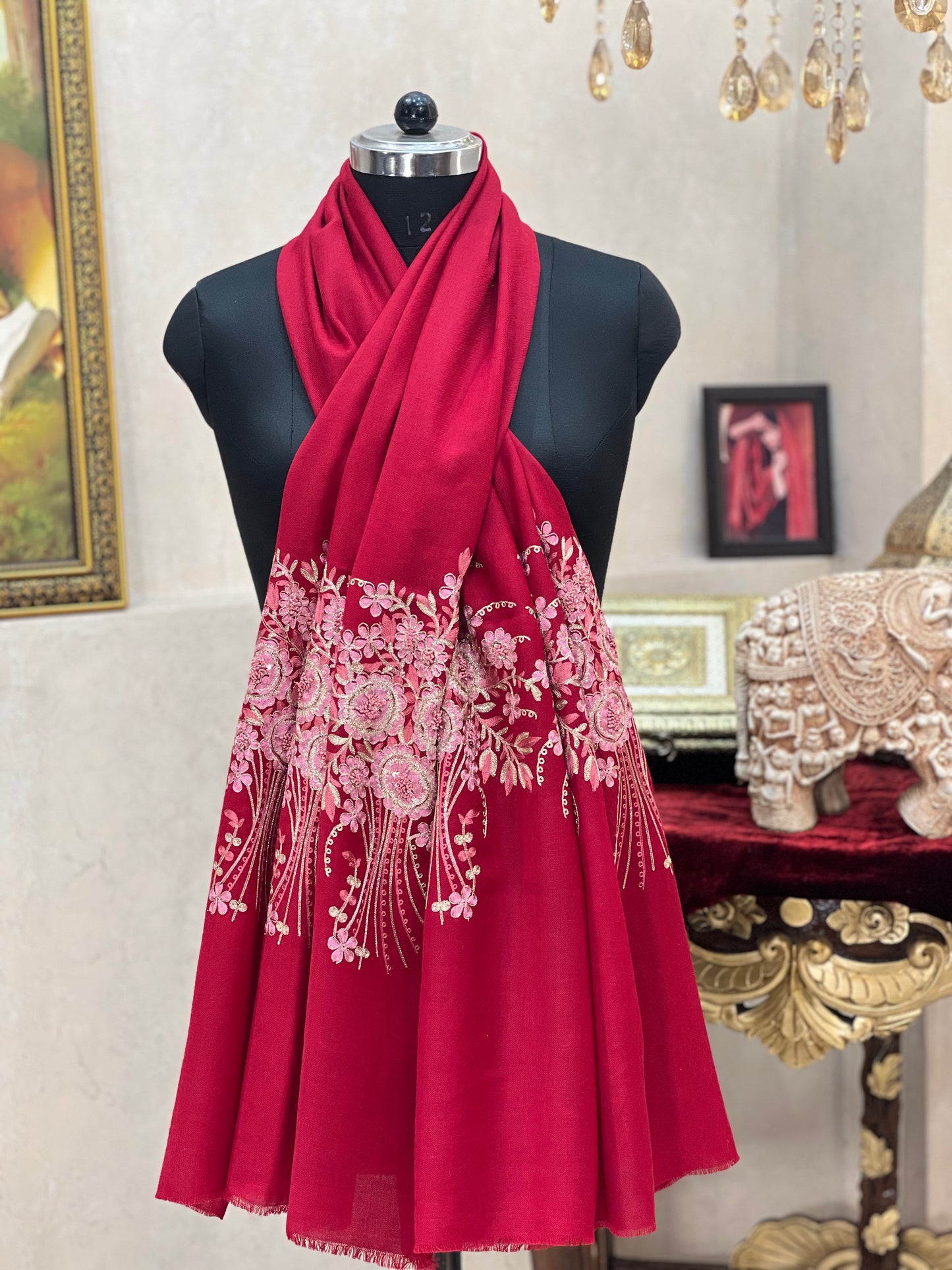 ITALIAN HAND MADE WORK  BUNCH FLOWER DESIGN  PASHMINA STOLE MEHROON